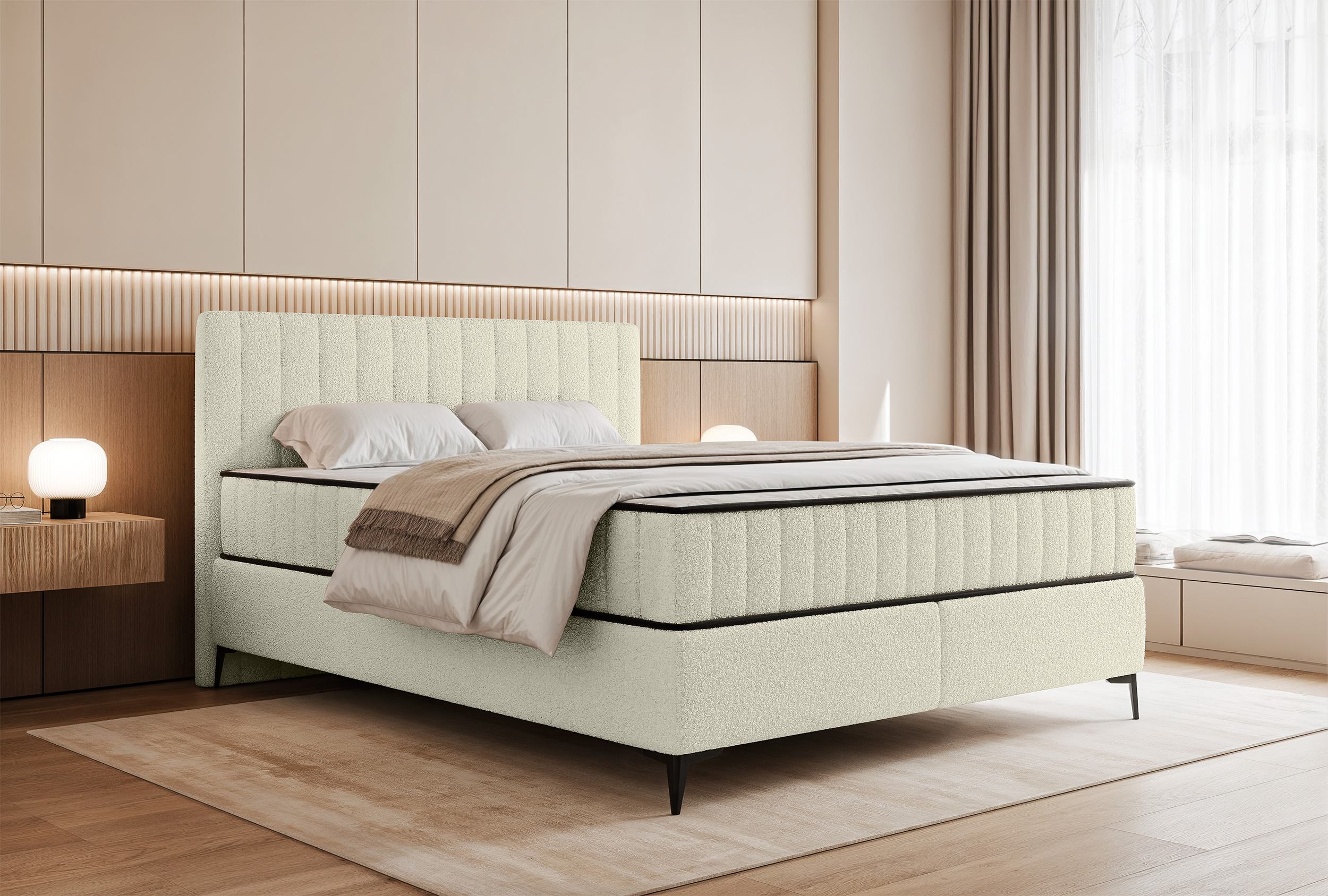 Kontinentales Bett 160x200 cm Mufasso mit Stauraum, cremefarbenes Bouclé