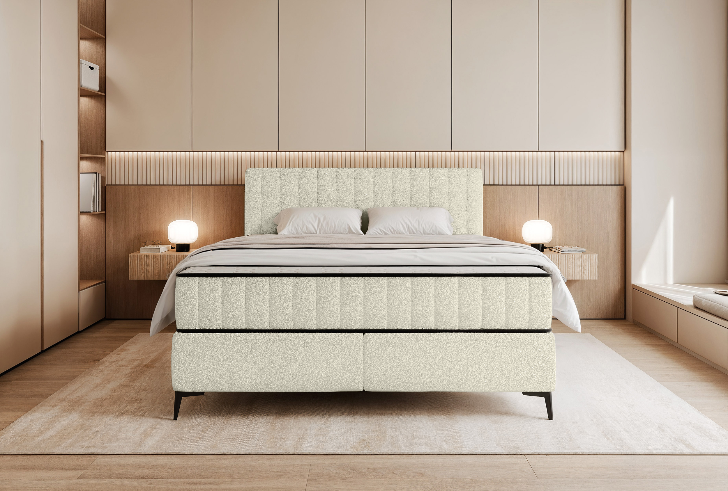 Kontinentales Bett 160x200 cm Mufasso mit Stauraum, cremefarbenes Bouclé