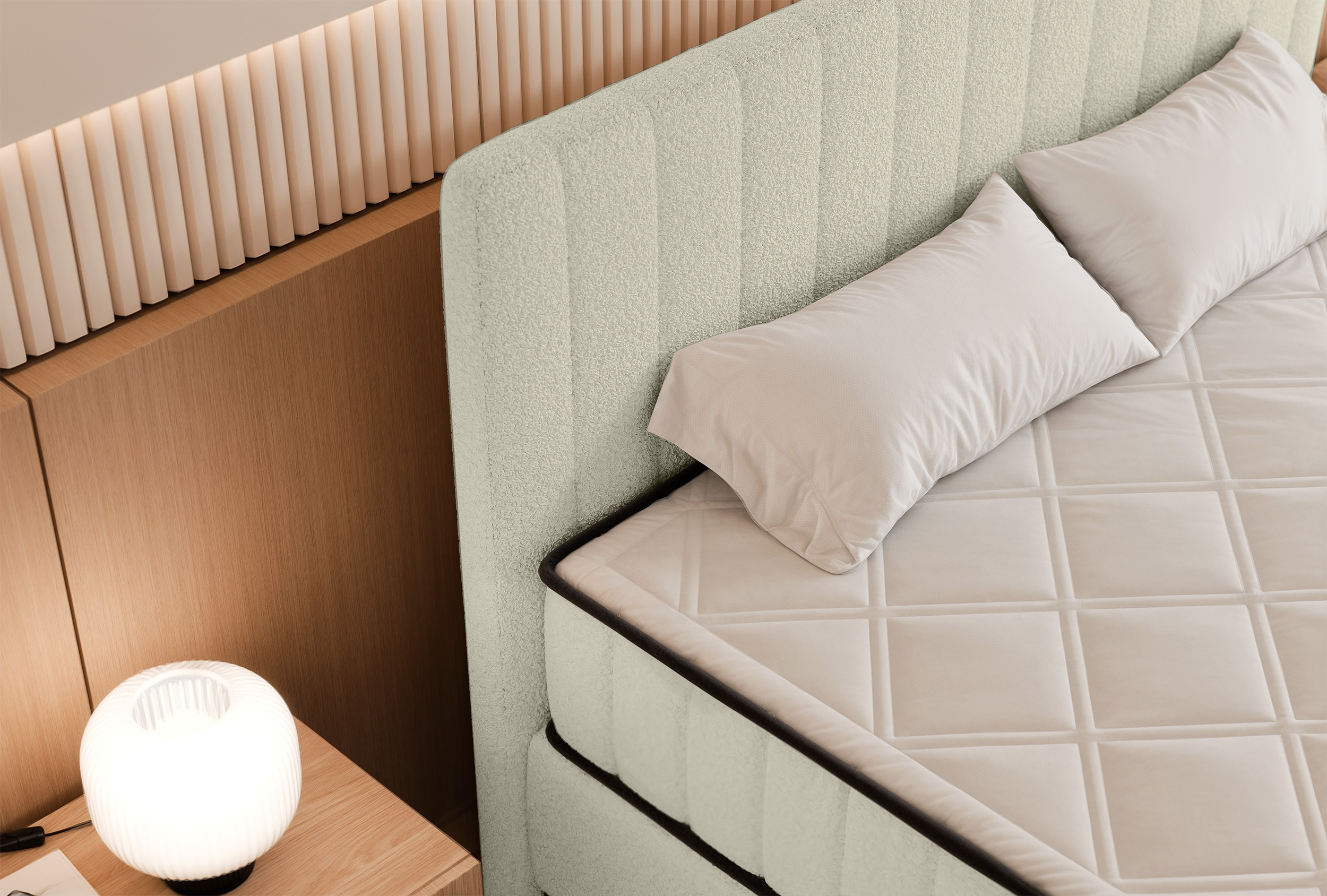 Kontinentales Bett 160x200 cm Mufasso mit Stauraum, cremefarbenes Bouclé