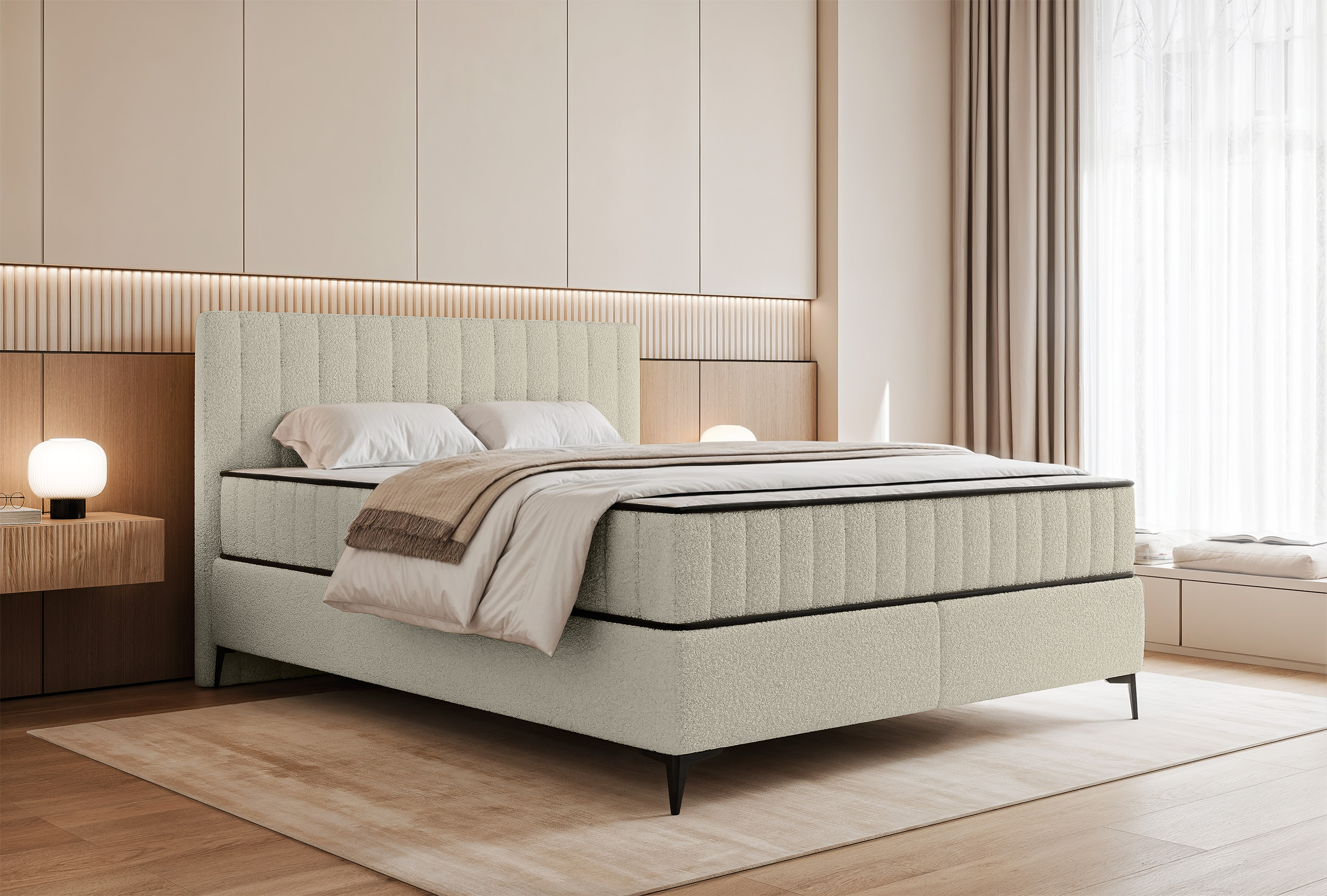 Kontinentales Bett 180x200 cm Mufasso mit Stauraum, hellbeige Bouclé