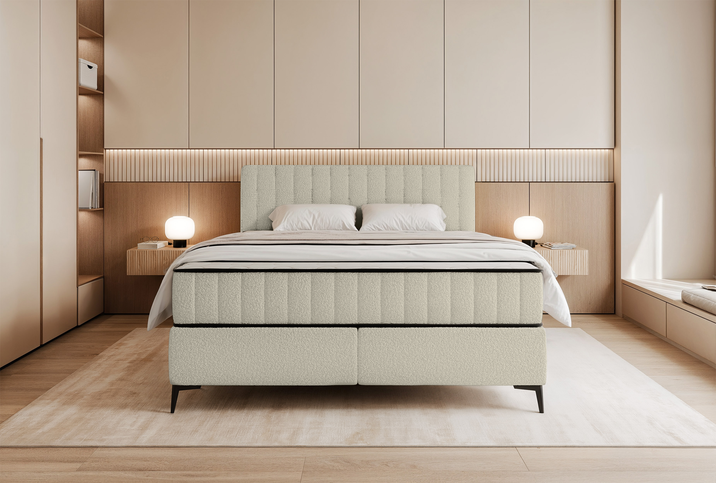 Kontinentales Bett 180x200 cm Mufasso mit Stauraum, hellbeige Bouclé