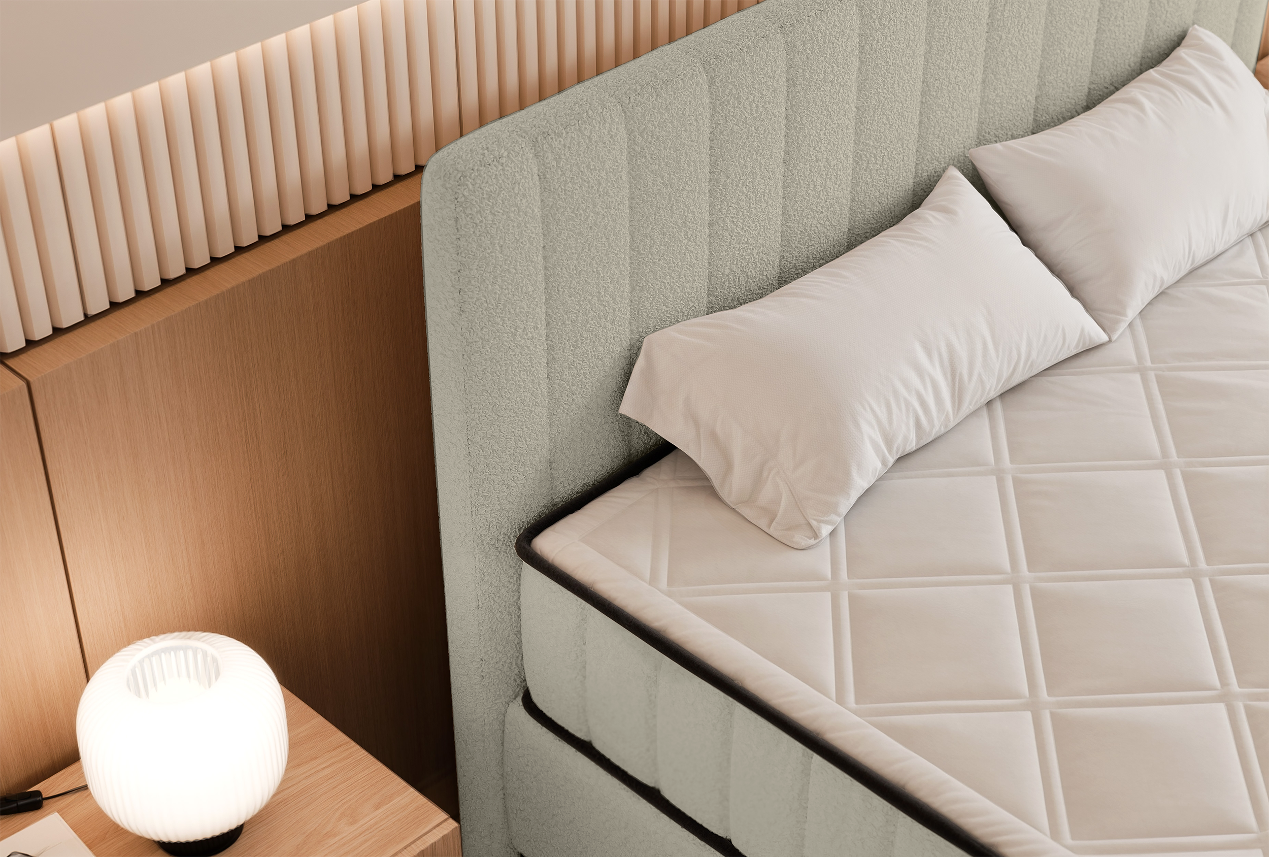 Kontinentales Bett 180x200 cm Mufasso mit Stauraum, hellbeige Bouclé