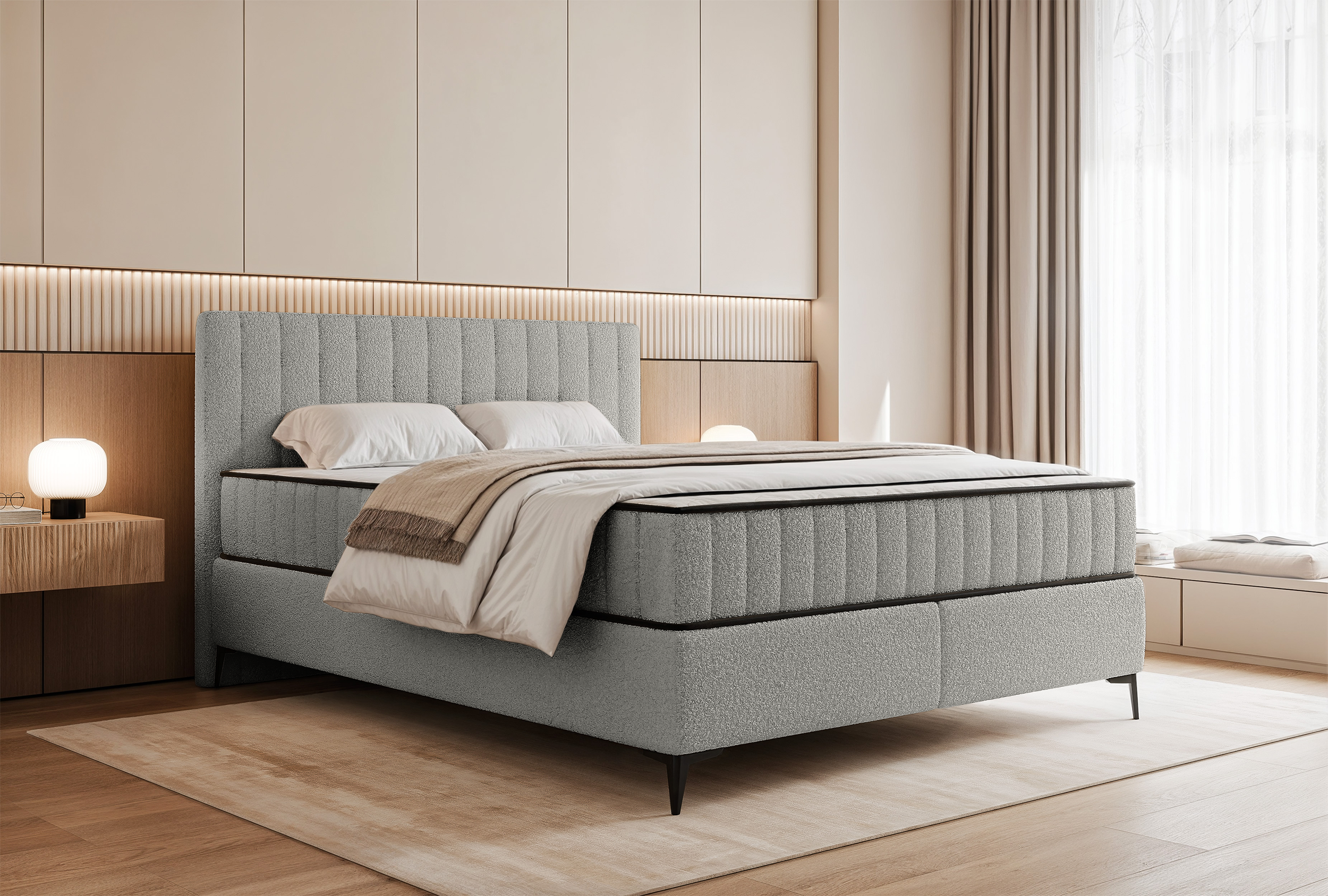 Kontinentales Bett 160x200 cm Mufasso mit Stauraum hellgrauer Bouclé-Stoff