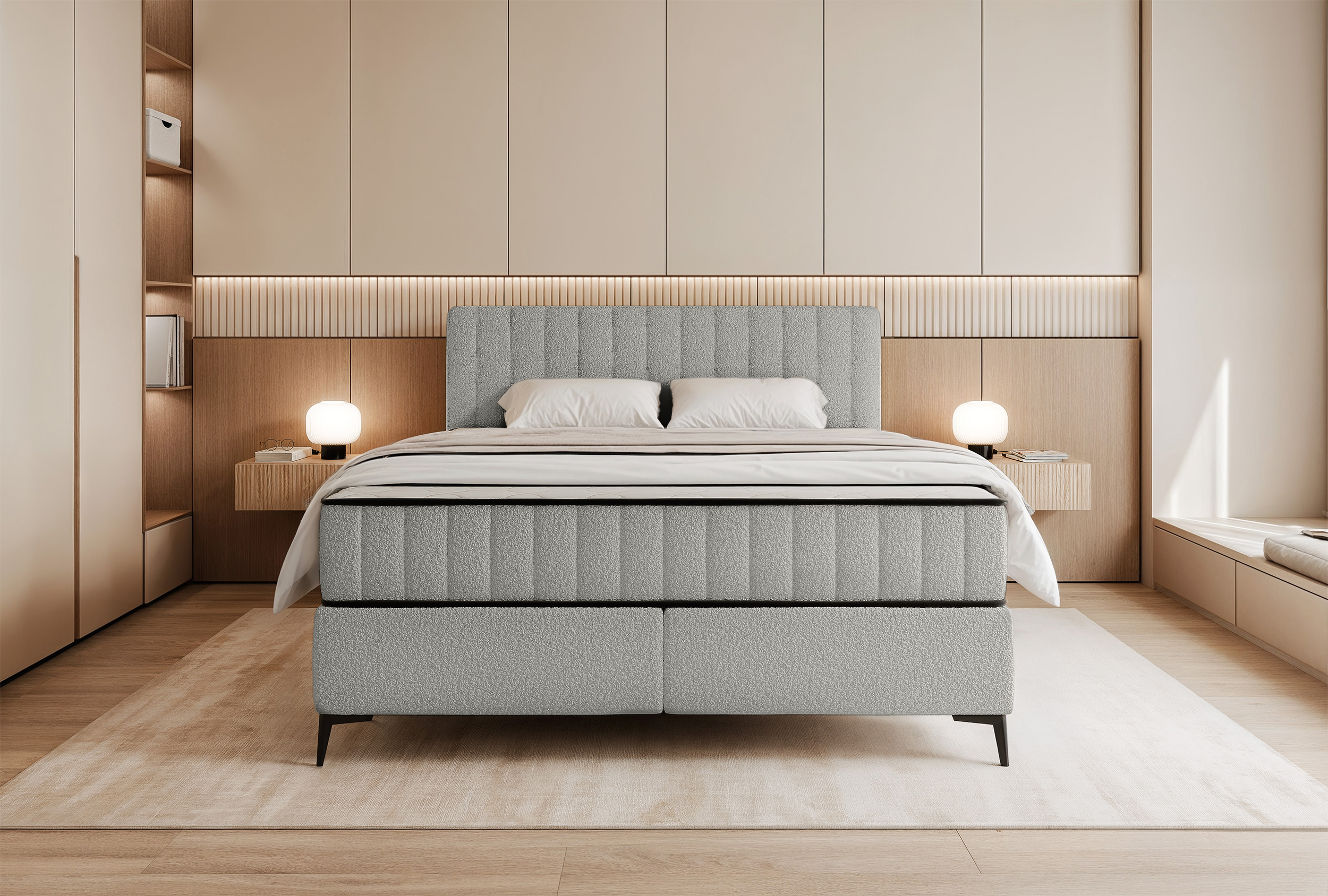 Kontinentales Bett 160x200 cm Mufasso mit Stauraum hellgrauer Bouclé-Stoff