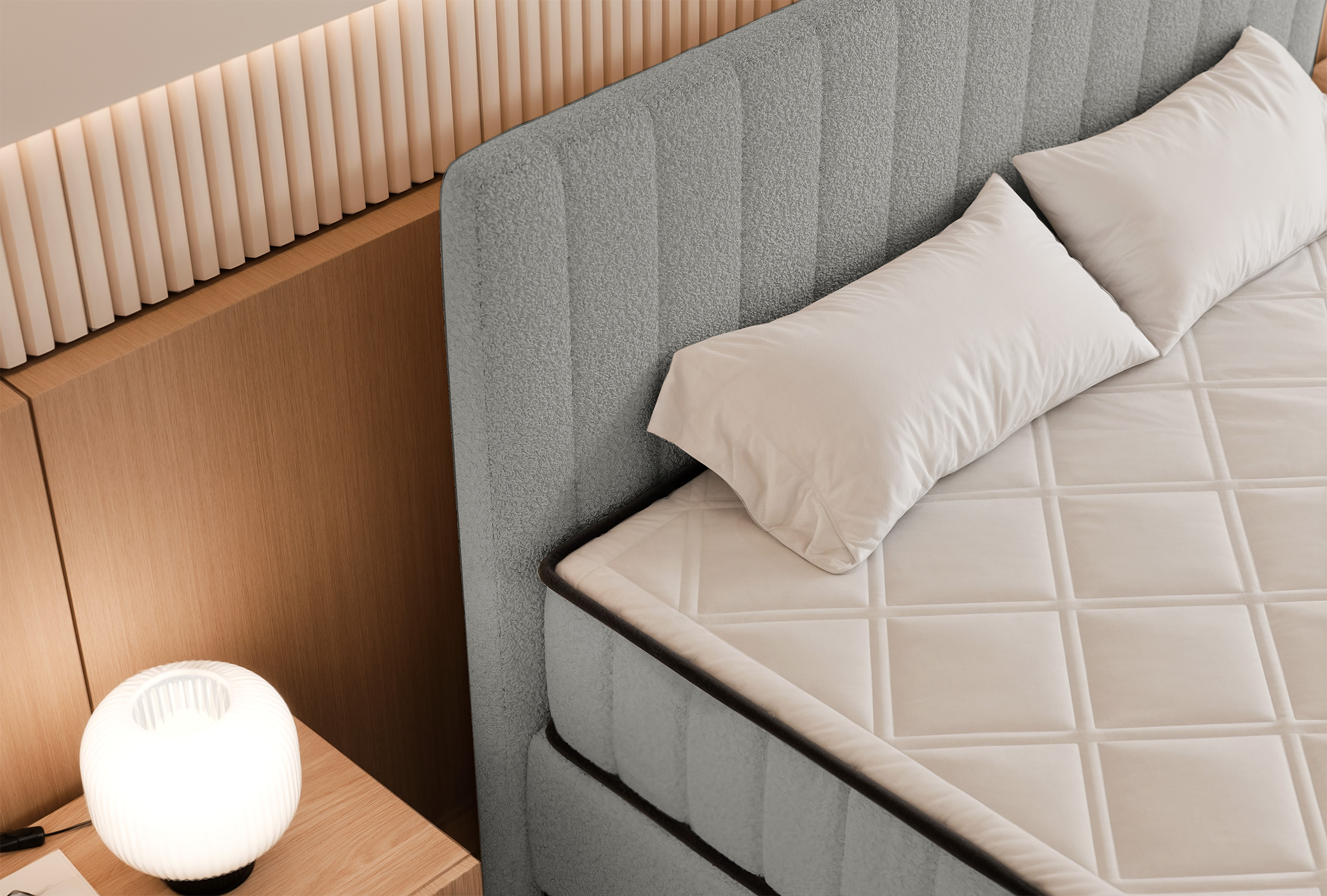 Kontinentales Bett 160x200 cm Mufasso mit Stauraum hellgrauer Bouclé-Stoff