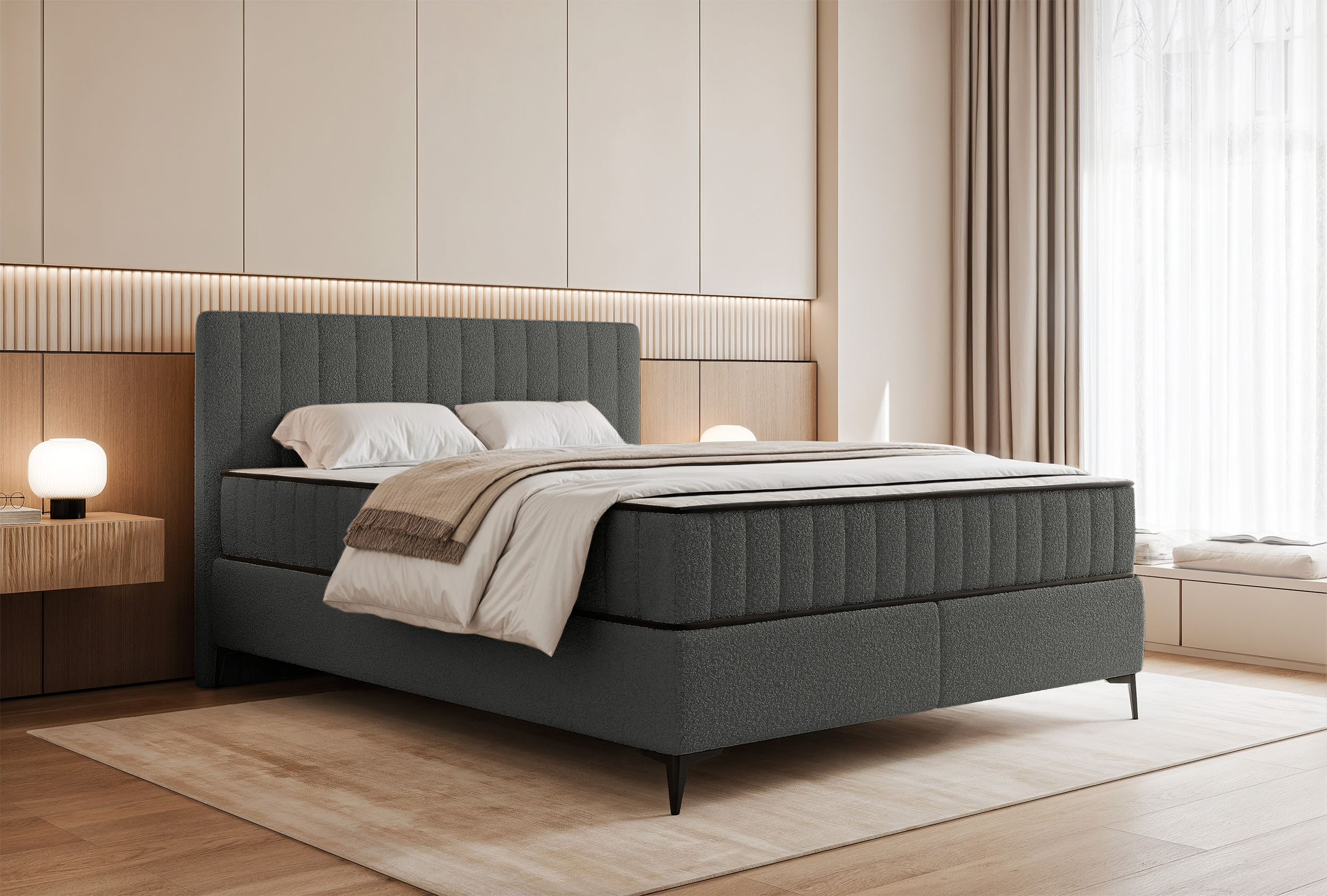 Kontinentalbett 180x200 cm Mufasso mit Stauraum, dunkelgrauer Bouclé-Stoff