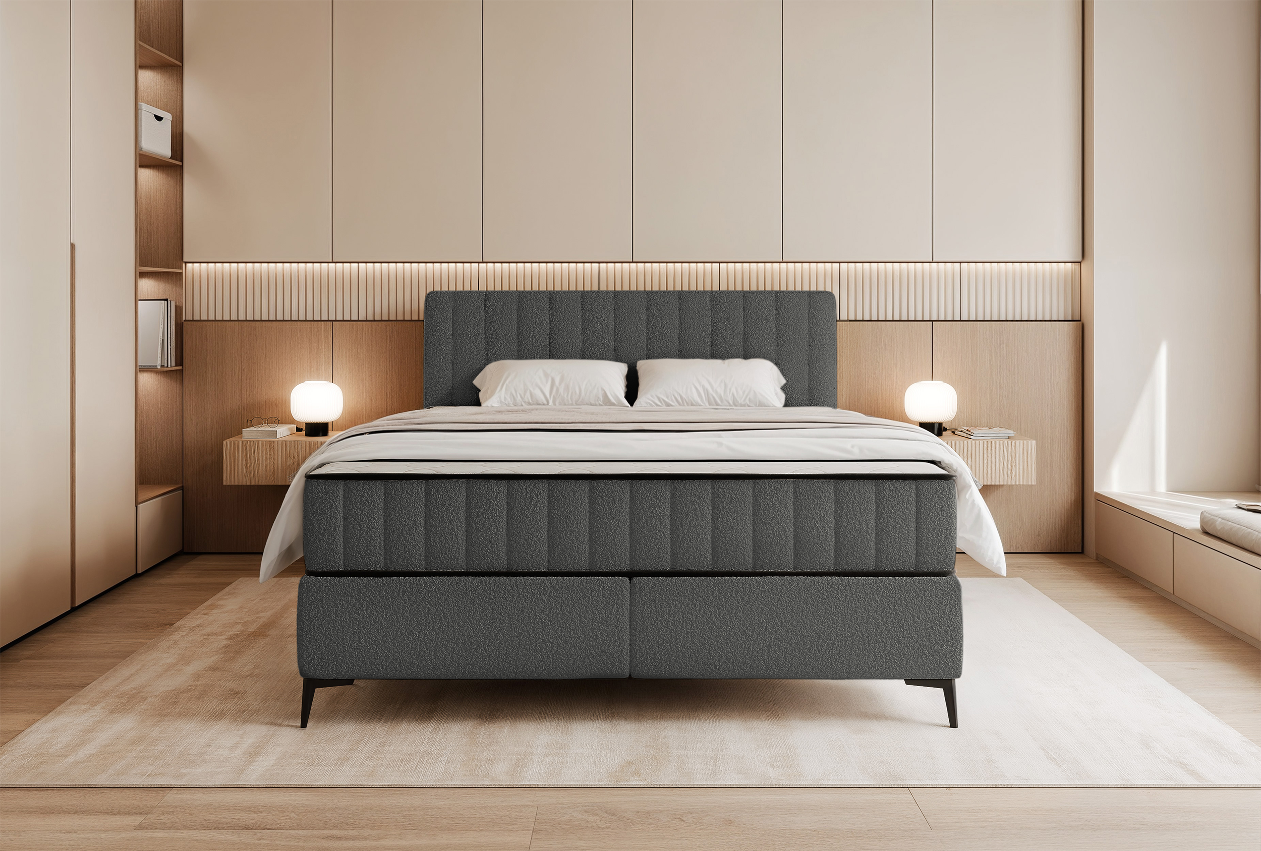 Kontinentalbett 160x200 cm Mufasso mit Stauraum, dunkelgrauer Bouclé-Stoff