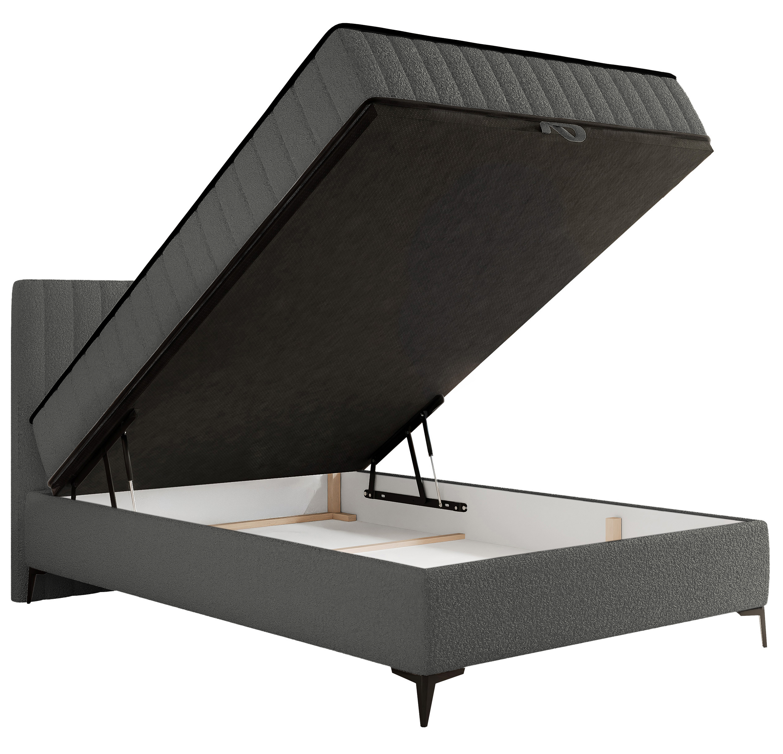 Kontinentales Bett 140x200 cm Mufasso mit Stauraum, dunkelgrauer Bouclé-Bezug