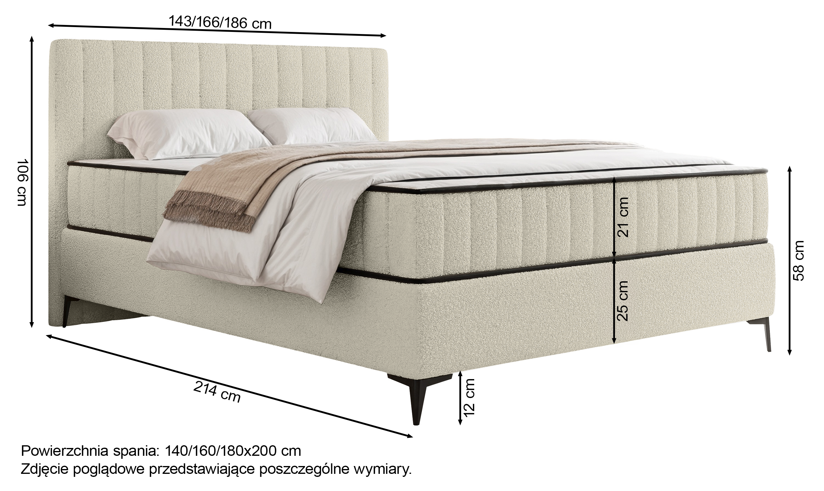 Kontinentales Bett 180x200 cm Mufasso mit Stauraum, hellbeige Bouclé