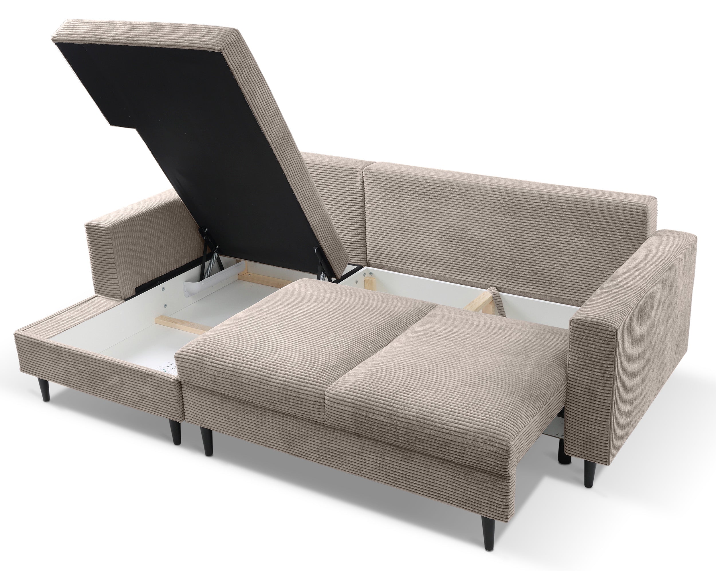 Ecksofa mit Schlaffunktion Nalika, L-förmig, mit Stauraum, beige Cord, linksseitig