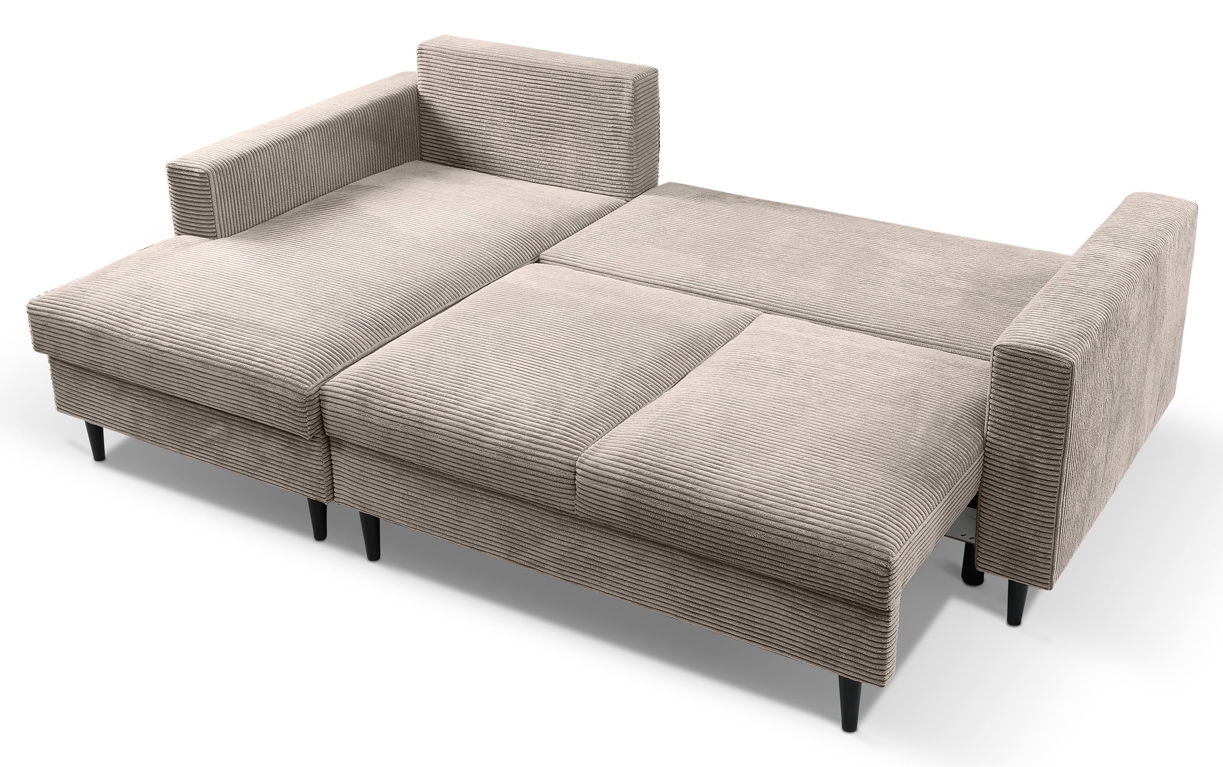 Ecksofa mit Schlaffunktion Nalika, L-förmig, mit Stauraum, beige Cord, linksseitig