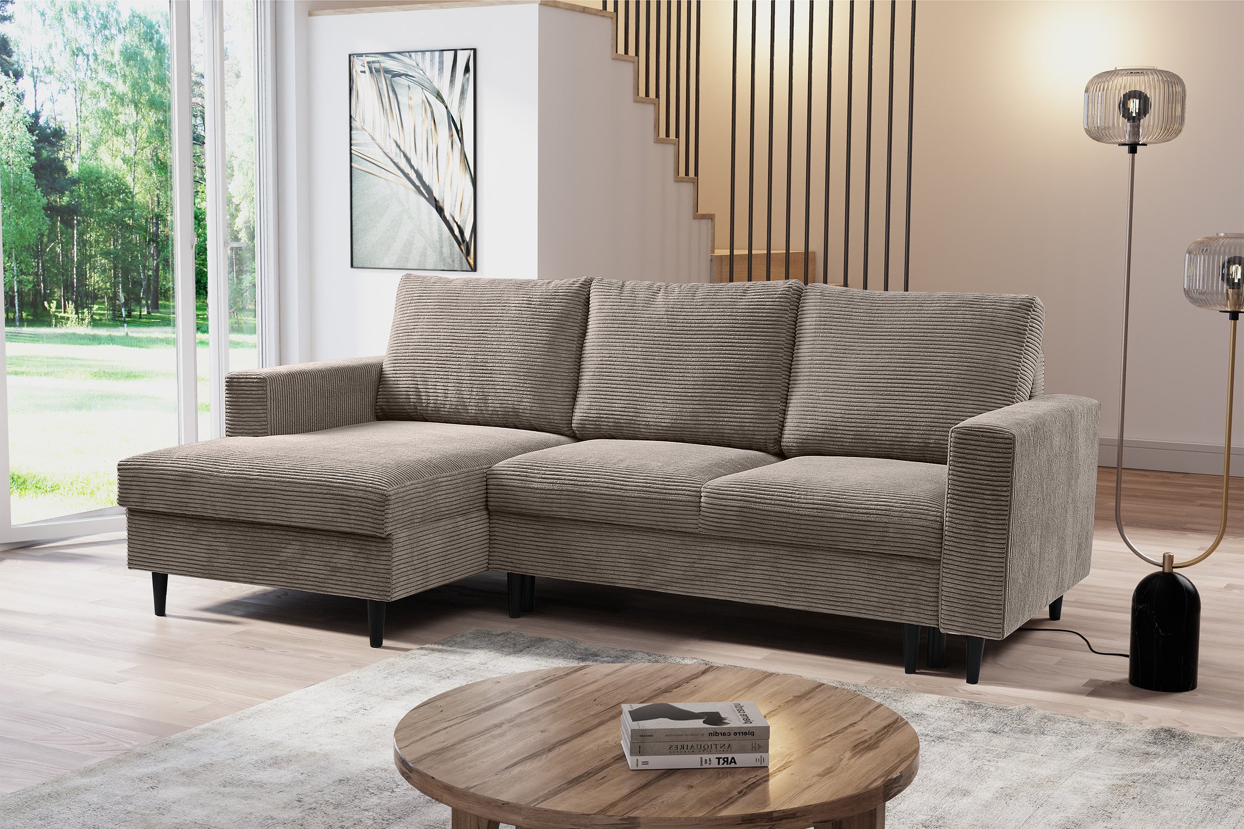 Ecksofa mit Schlaffunktion Nalika, L-förmig, mit Stauraum, beige Cord, linksseitig