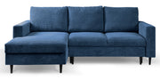 Ecksofa mit Schlaffunktion Nalika, L-förmig, mit Stauraum, dunkelblauer Cordstoff, linksseitig