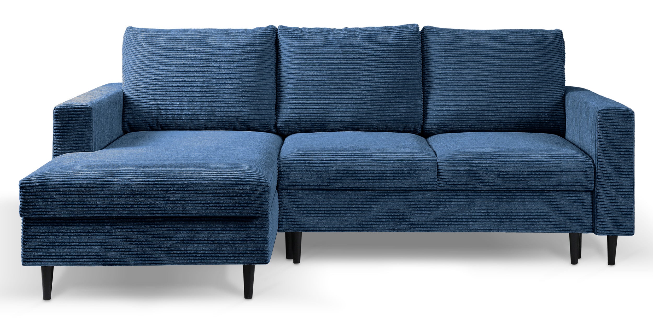 Ecksofa mit Schlaffunktion Nalika, L-förmig, mit Stauraum, dunkelblauer Cordstoff, linksseitig