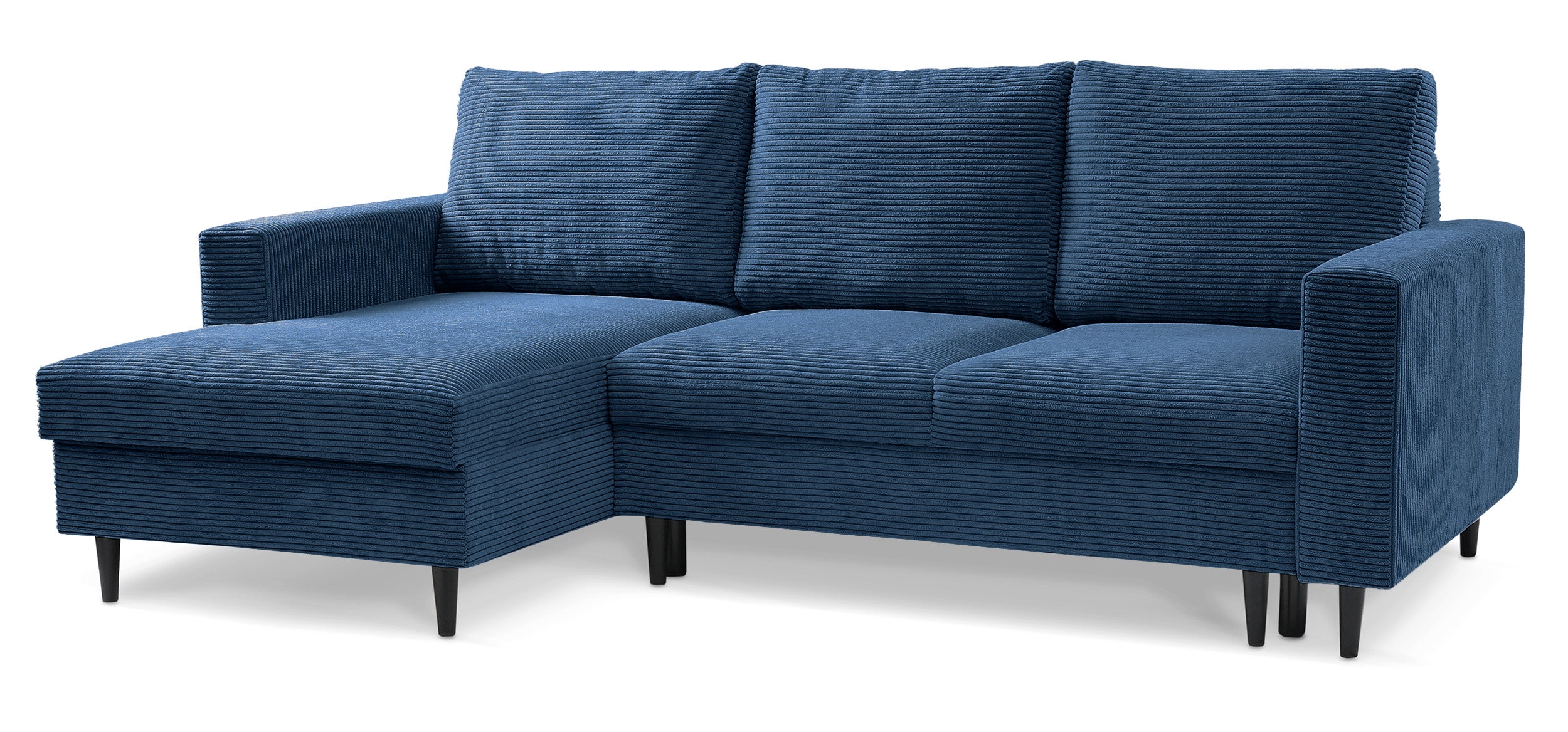Ecksofa mit Schlaffunktion Nalika, L-förmig, mit Stauraum, dunkelblauer Cordstoff, linksseitig
