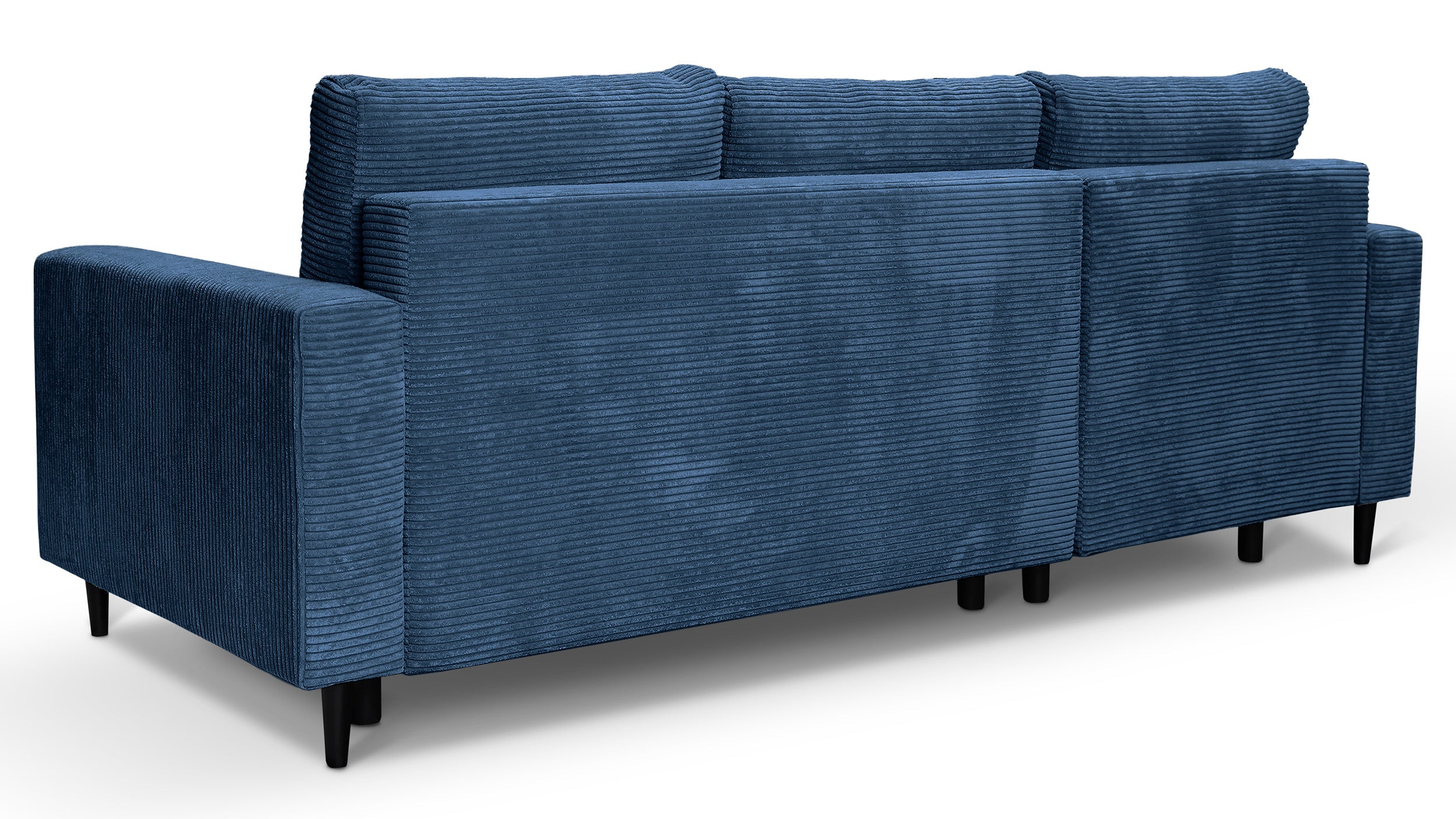 Ecksofa mit Schlaffunktion Nalika, L-förmig, mit Stauraum, dunkelblauer Cordstoff, linksseitig