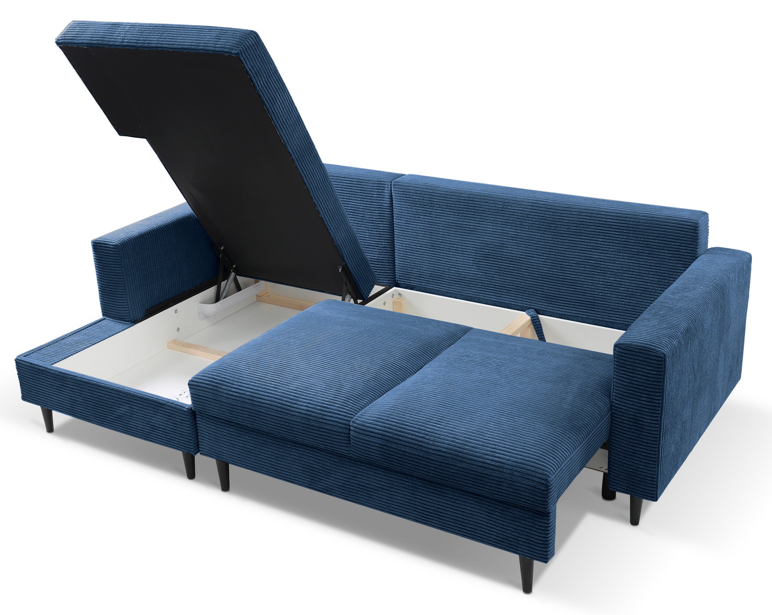 Ecksofa mit Schlaffunktion Nalika, L-förmig, mit Stauraum, dunkelblauer Cordstoff, linksseitig