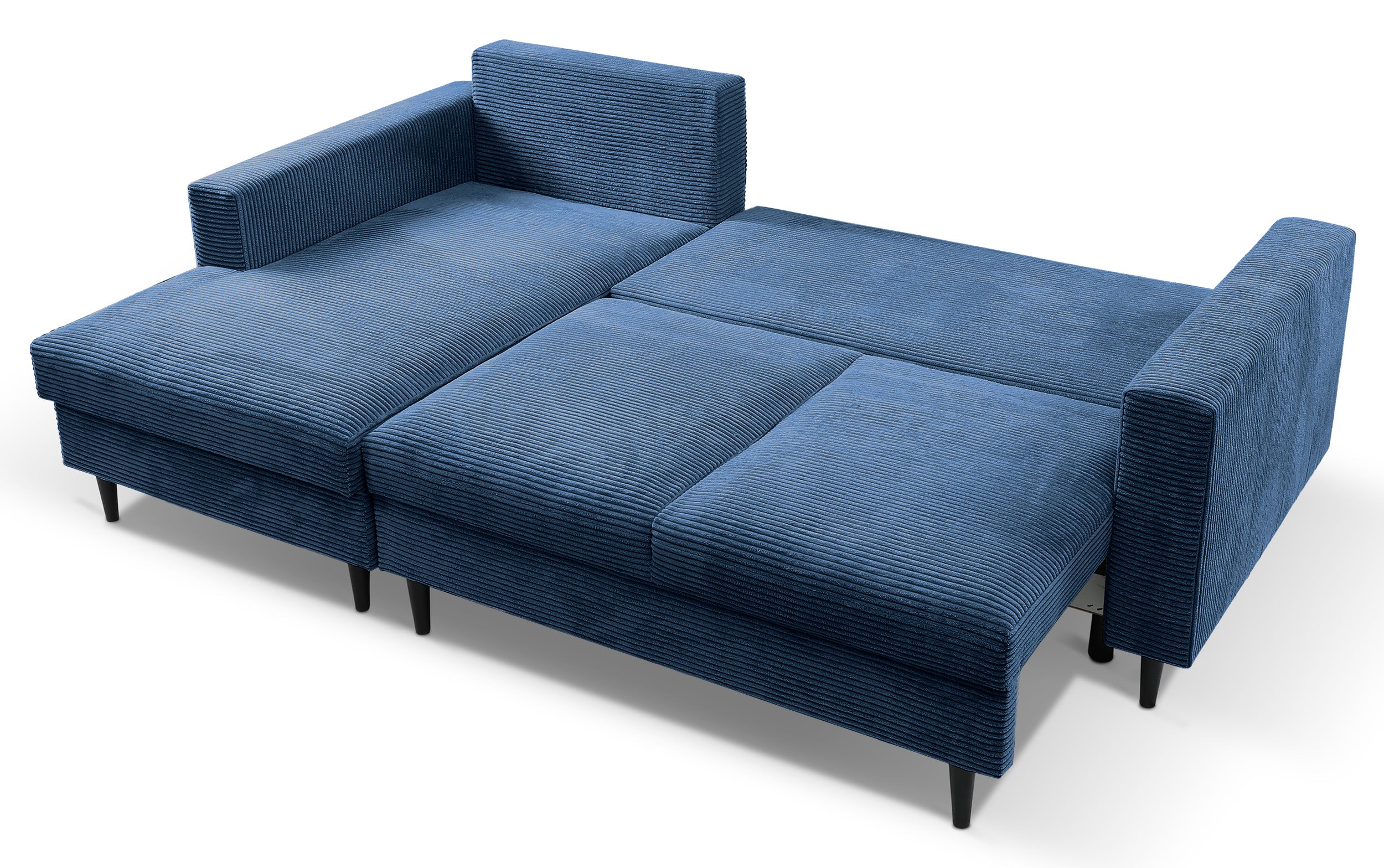 Ecksofa mit Schlaffunktion Nalika, L-förmig, mit Stauraum, dunkelblauer Cordstoff, linksseitig