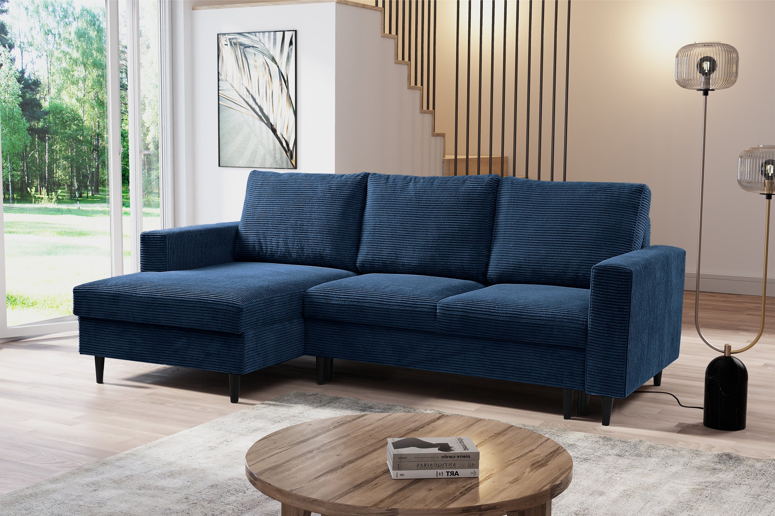 Ecksofa mit Schlaffunktion Nalika, L-förmig, mit Stauraum, dunkelblauer Cordstoff, linksseitig