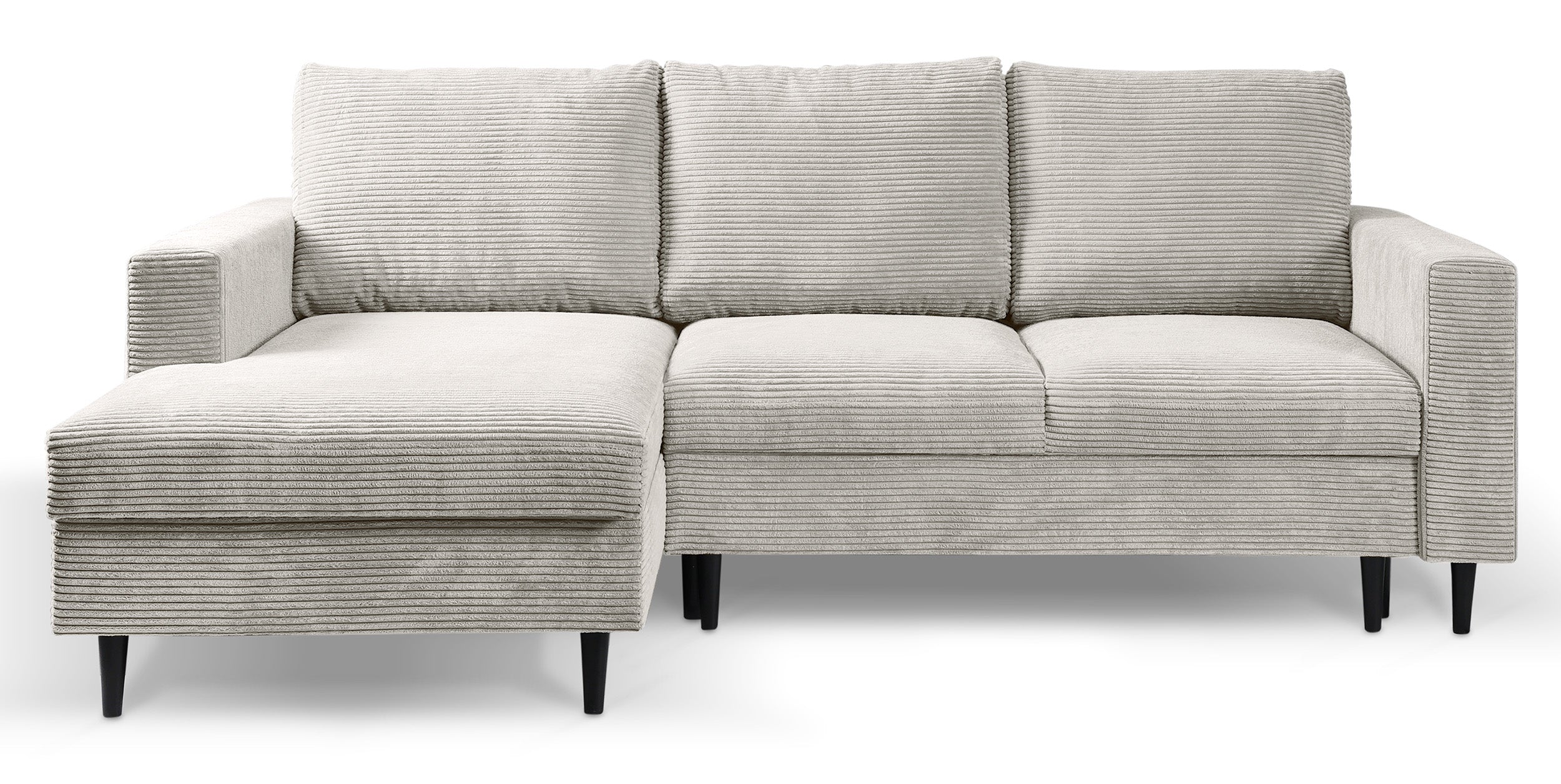 Ecksofa mit Schlaffunktion Nalika, L-förmig, mit Stauraum, hellbeiger Cord, linksseitig