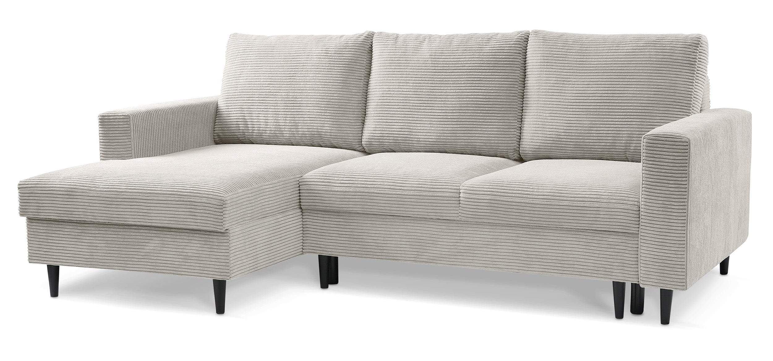 Ecksofa mit Schlaffunktion Nalika, L-förmig, mit Stauraum, hellbeiger Cord, linksseitig