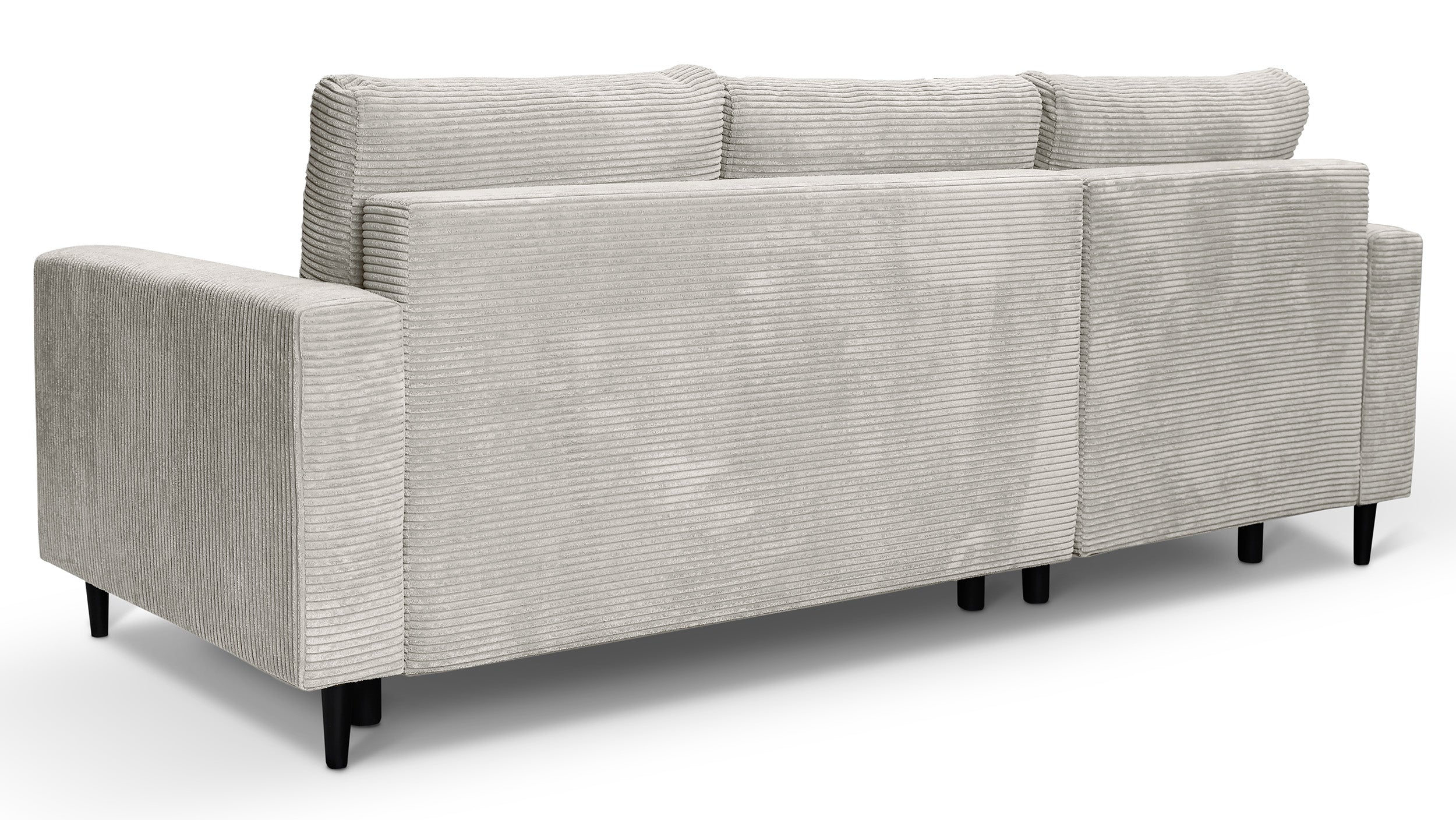 Ecksofa mit Schlaffunktion Nalika, L-förmig, mit Stauraum, hellbeiger Cord, linksseitig