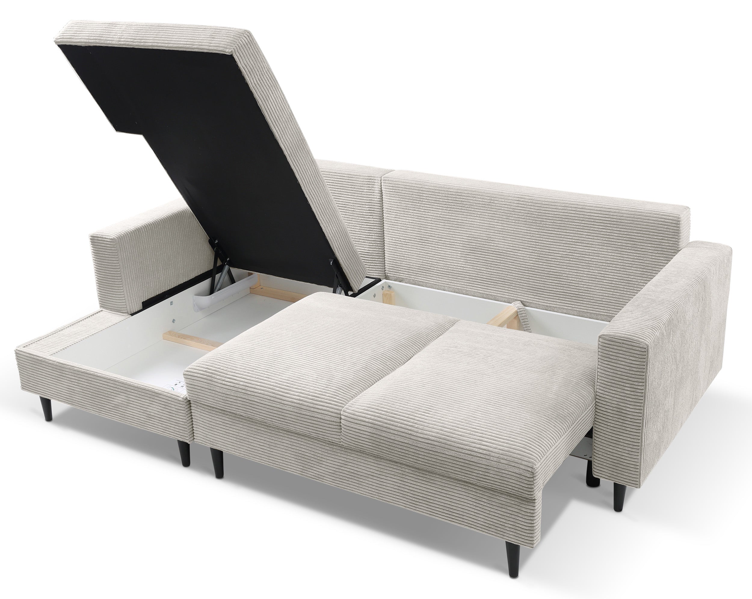 Ecksofa mit Schlaffunktion Nalika, L-förmig, mit Stauraum, hellbeiger Cord, linksseitig
