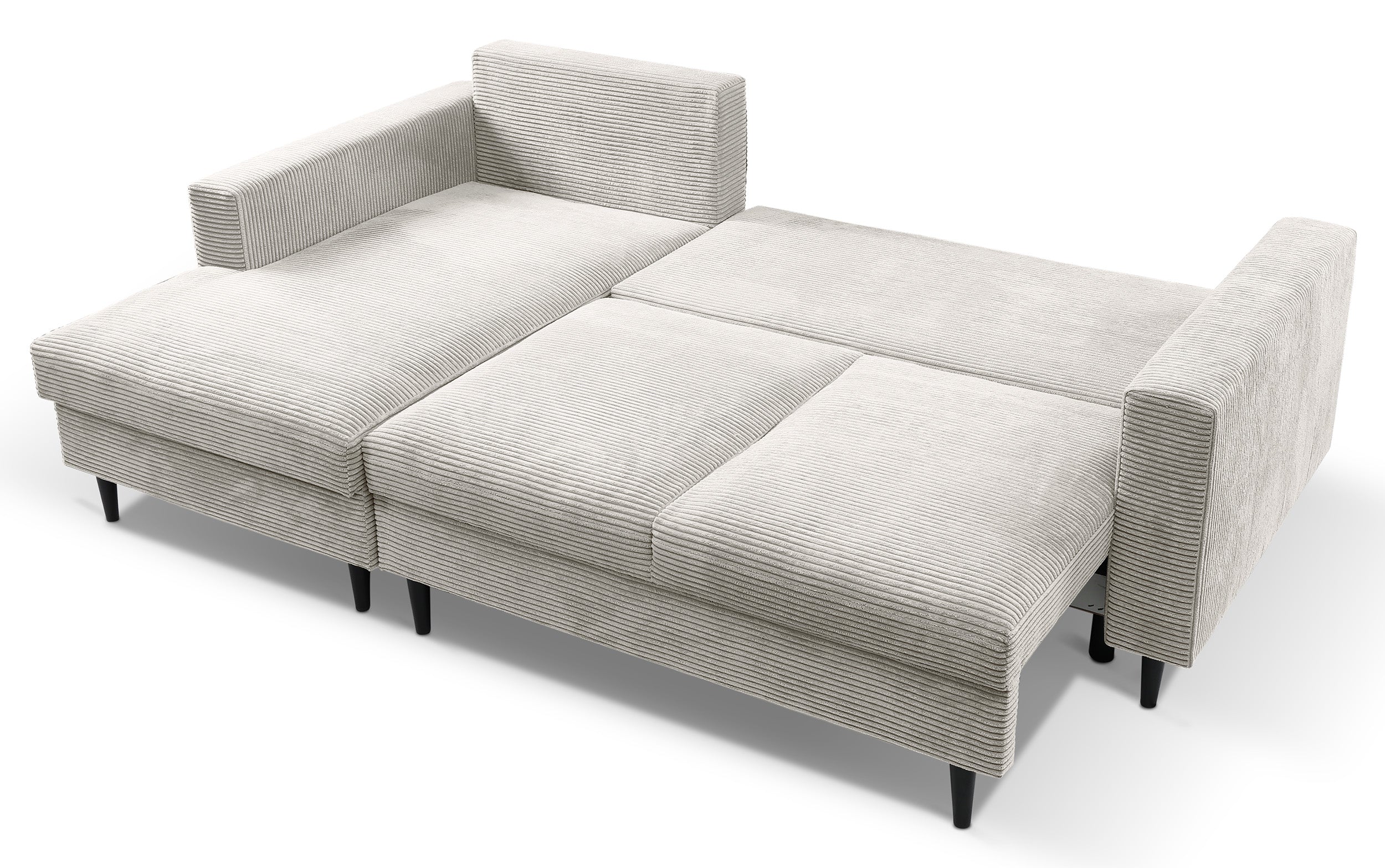 Ecksofa mit Schlaffunktion Nalika, L-förmig, mit Stauraum, hellbeiger Cord, linksseitig