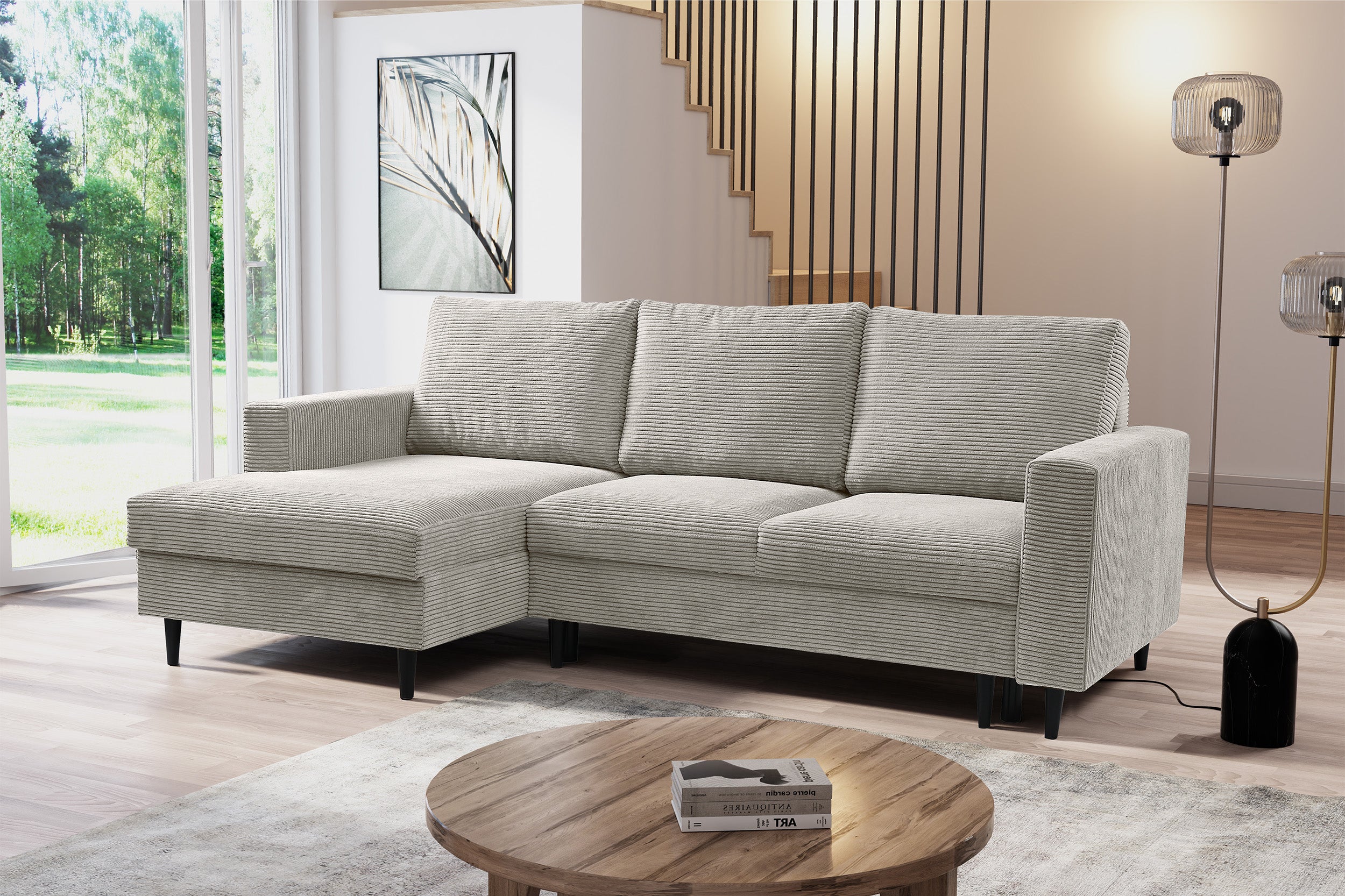 Ecksofa mit Schlaffunktion Nalika, L-förmig, mit Stauraum, hellbeiger Cord, linksseitig