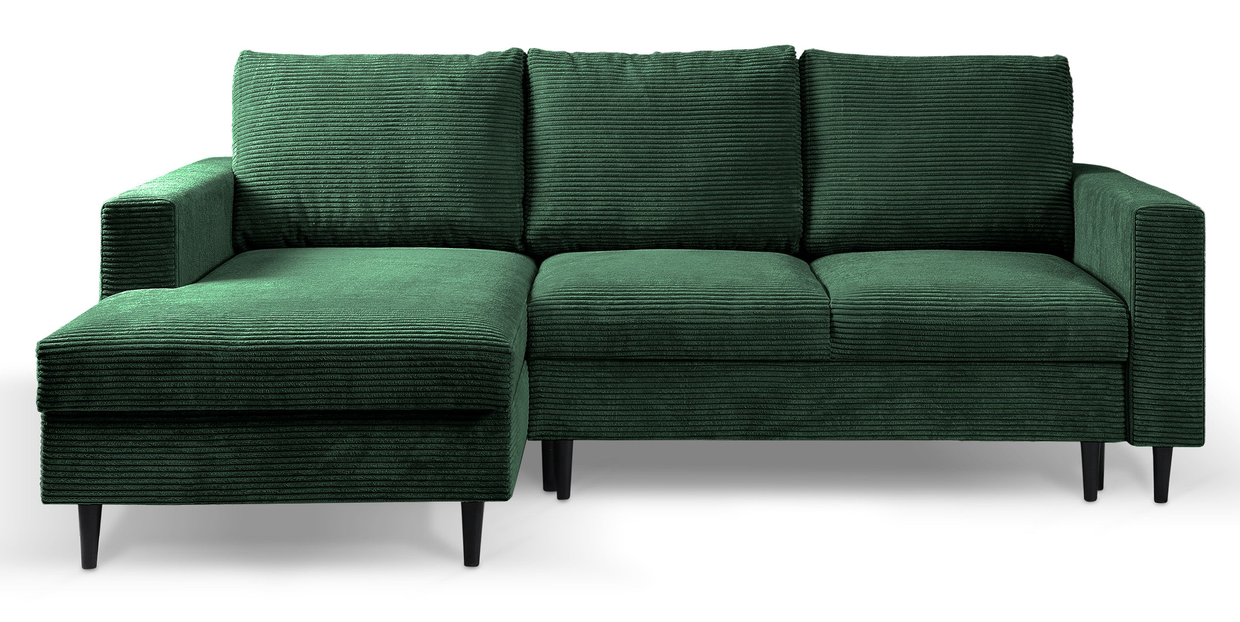 Ecksofa mit Schlafunktion Nalika, L-förmig, mit Stauraum, dunkelgrüner Cord, linksseitig