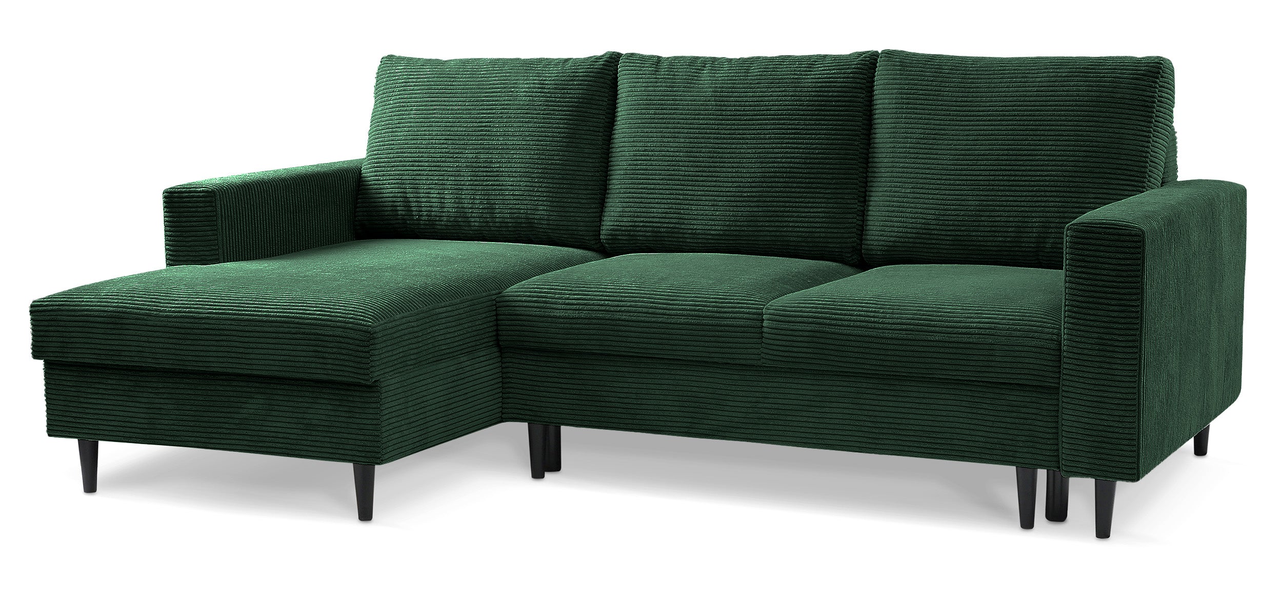 Ecksofa mit Schlafunktion Nalika, L-förmig, mit Stauraum, dunkelgrüner Cord, linksseitig