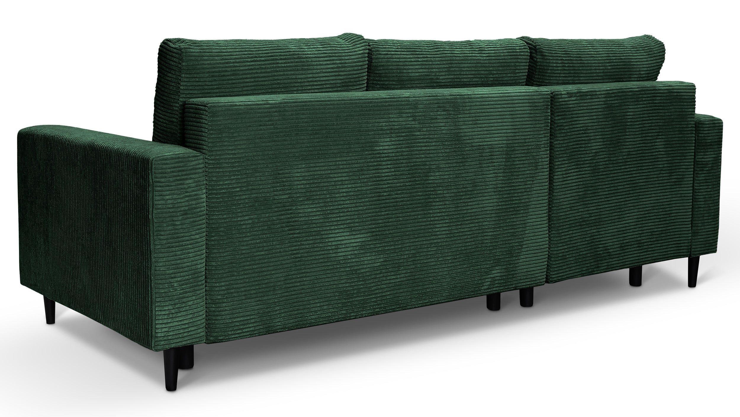 Ecksofa mit Schlafunktion Nalika, L-förmig, mit Stauraum, dunkelgrüner Cord, linksseitig