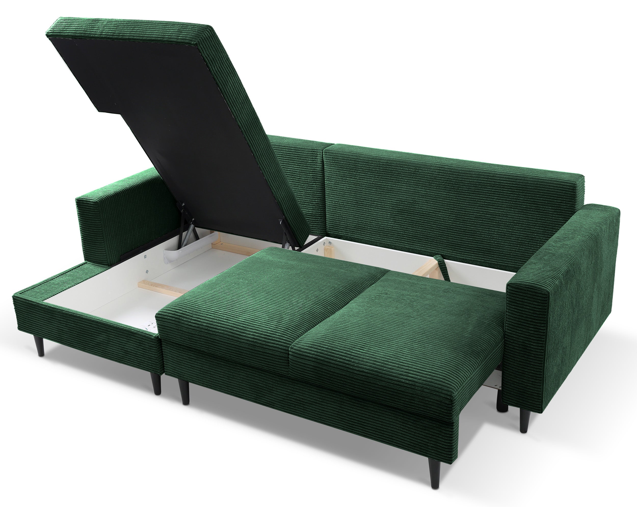 Ecksofa mit Schlafunktion Nalika, L-förmig, mit Stauraum, dunkelgrüner Cord, linksseitig