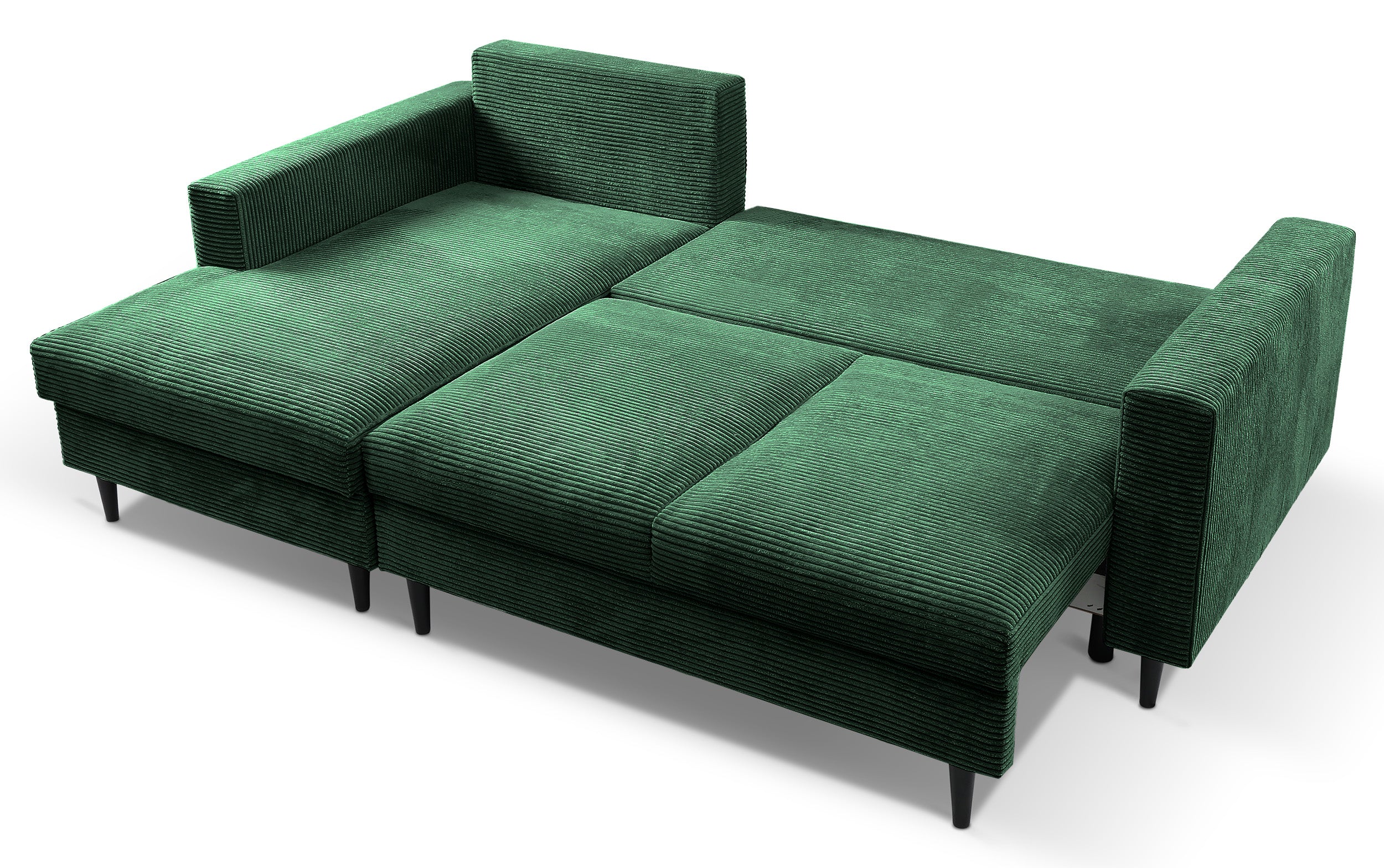 Ecksofa mit Schlafunktion Nalika, L-förmig, mit Stauraum, dunkelgrüner Cord, linksseitig
