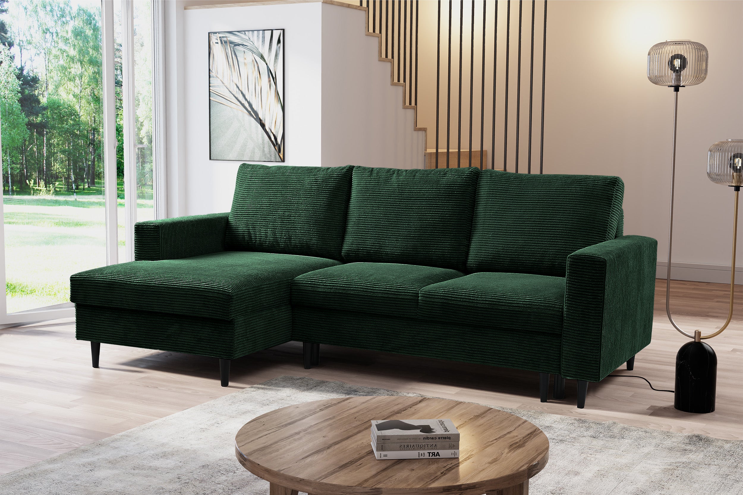 Ecksofa mit Schlafunktion Nalika, L-förmig, mit Stauraum, dunkelgrüner Cord, linksseitig