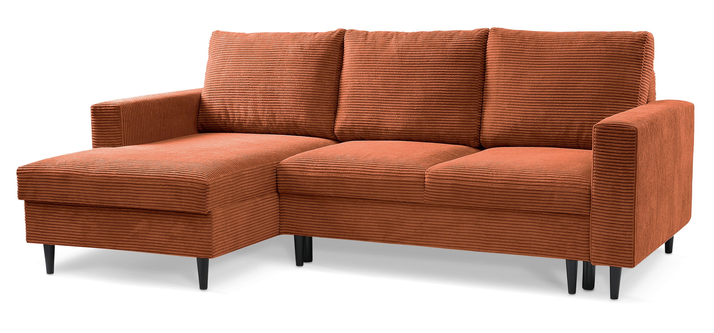 Ecksofa mit Schlafunktion Nalika, L-förmig, mit Stauraum, kupferfarbener Cord, linke Seite