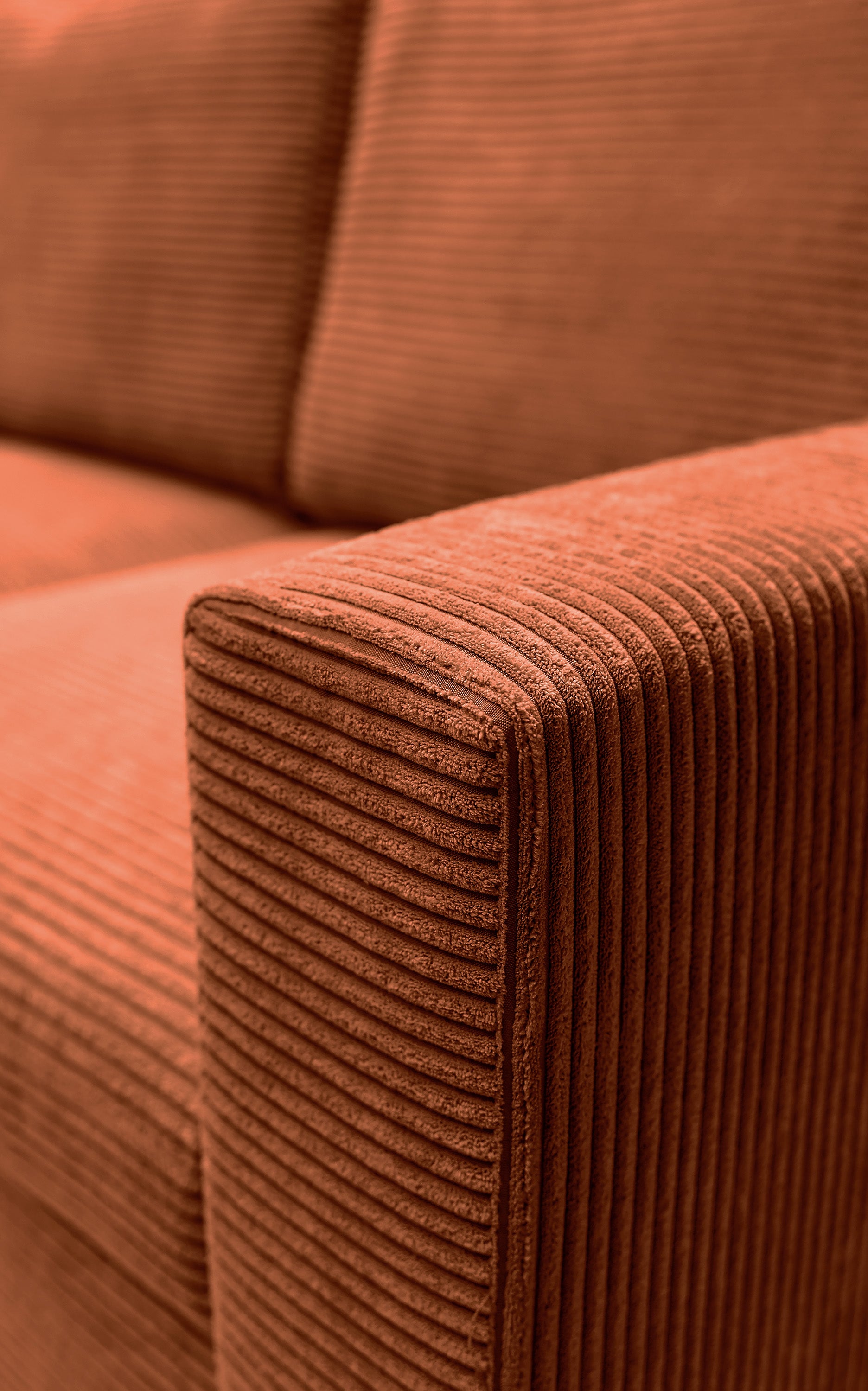Ecksofa mit Schlafunktion Nalika, L-förmig, mit Stauraum, kupferfarbener Cord, linke Seite