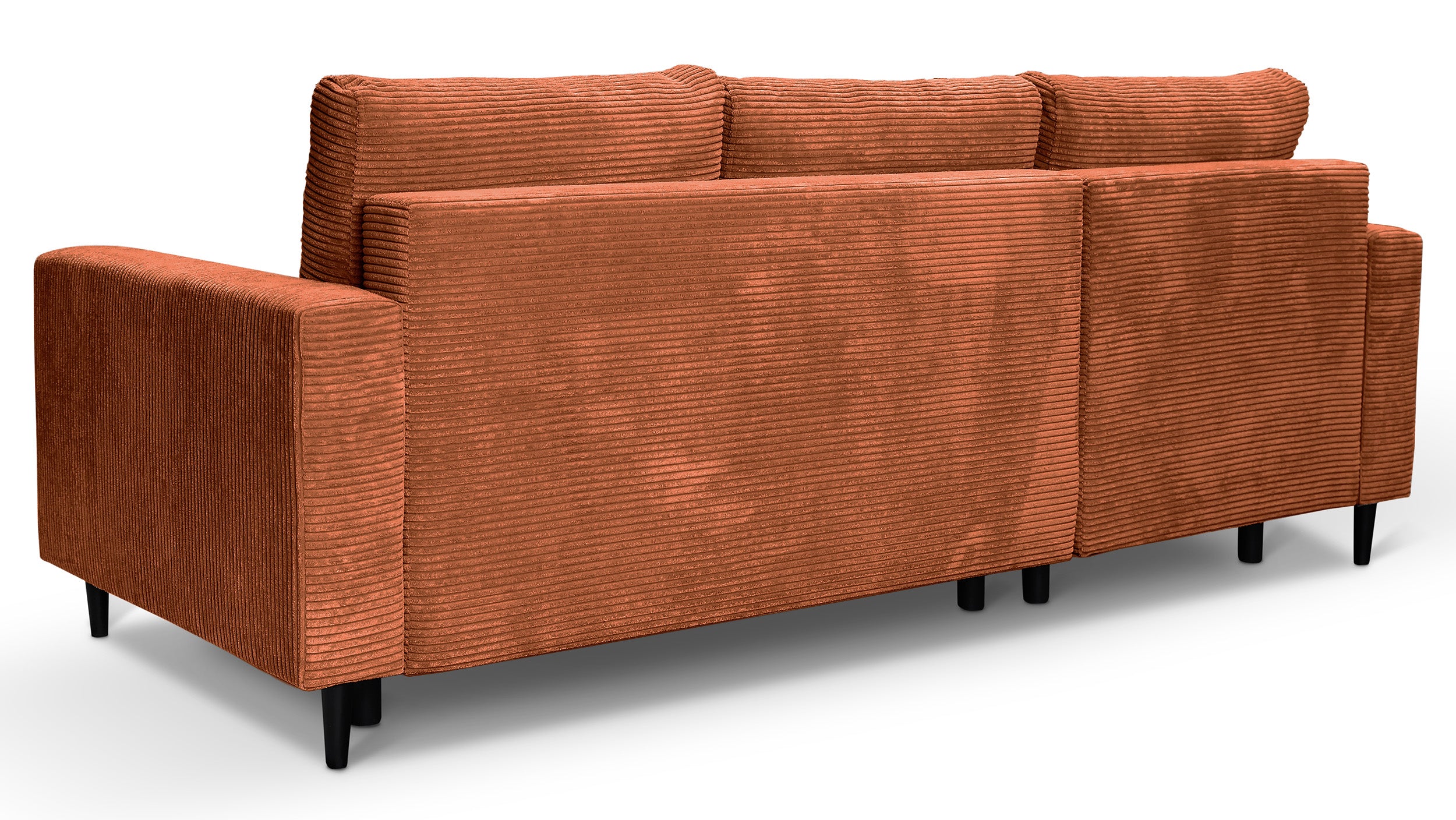 Ecksofa mit Schlafunktion Nalika, L-förmig, mit Stauraum, kupferfarbener Cord, linke Seite