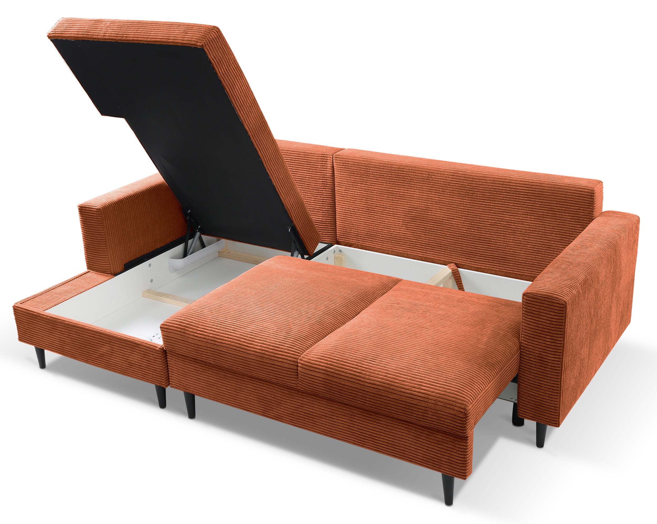 Ecksofa mit Schlafunktion Nalika, L-förmig, mit Stauraum, kupferfarbener Cord, linke Seite