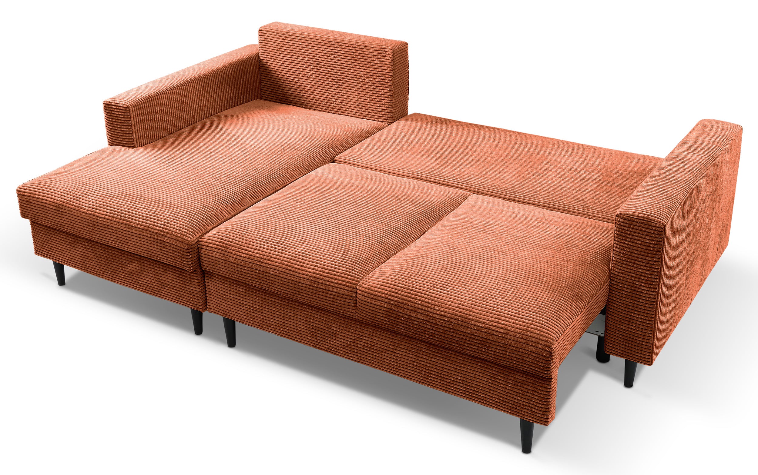 Ecksofa mit Schlafunktion Nalika, L-förmig, mit Stauraum, kupferfarbener Cord, linke Seite