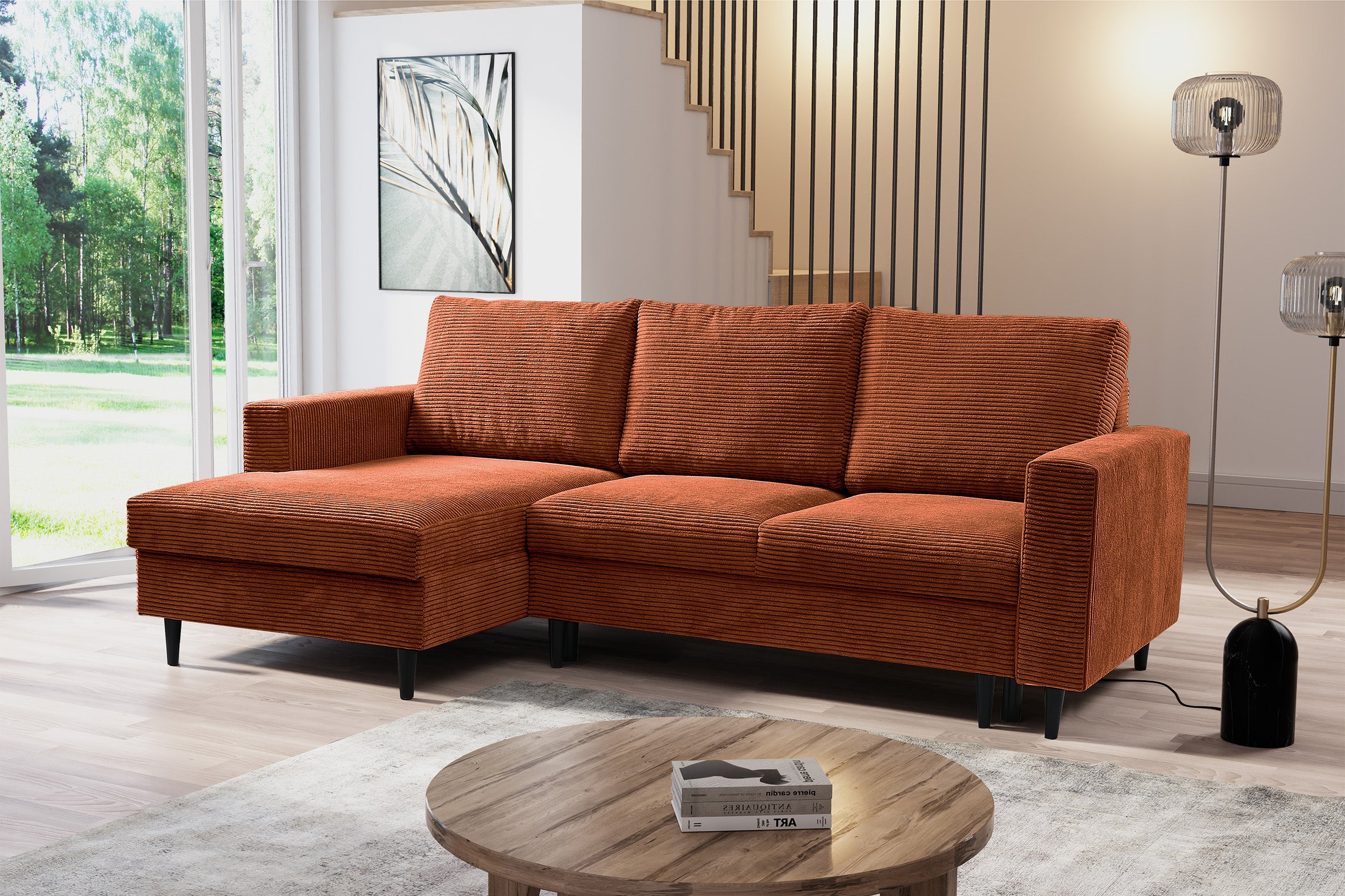 Ecksofa mit Schlafunktion Nalika, L-förmig, mit Stauraum, kupferfarbener Cord, linke Seite