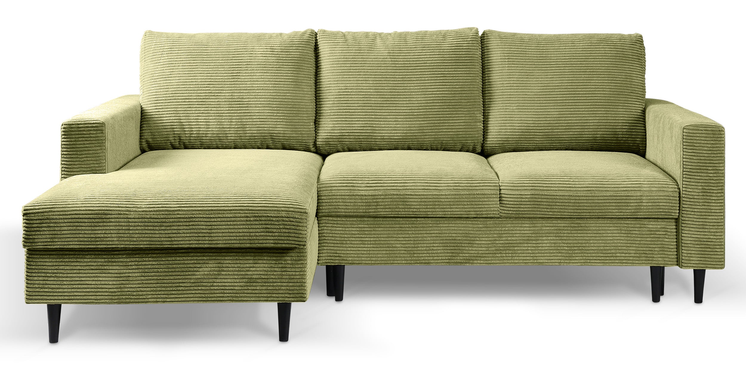 Ecksofa mit Schlaffunktion Nalika, L-förmig, mit Stauraum, pistaziengrüner Cordstoff, linksseitig