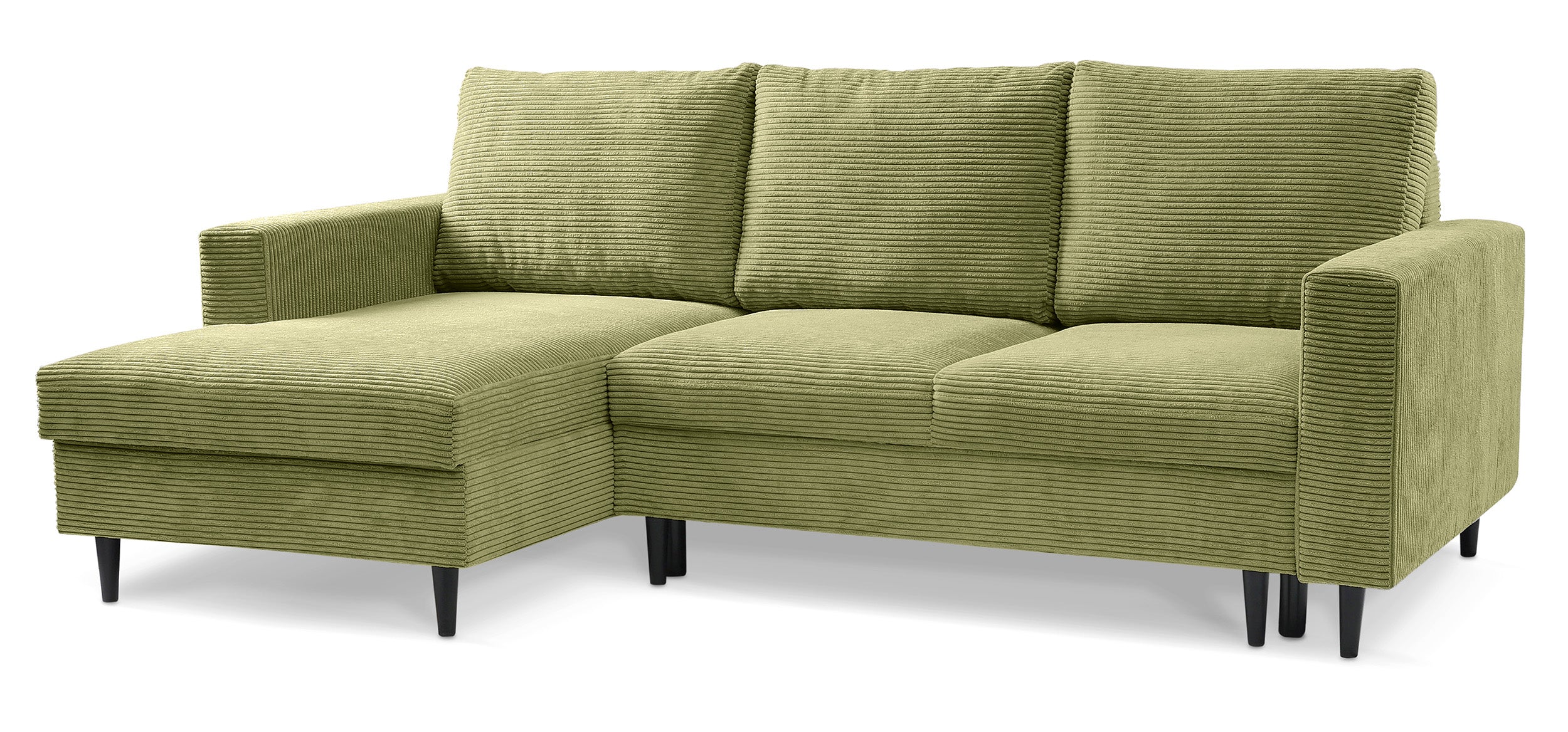 Ecksofa mit Schlaffunktion Nalika, L-förmig, mit Stauraum, pistaziengrüner Cordstoff, linksseitig