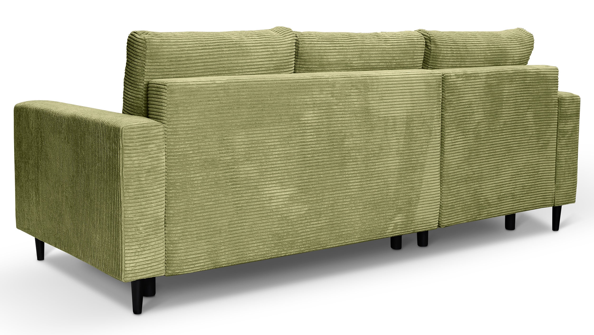 Ecksofa mit Schlaffunktion Nalika, L-förmig, mit Stauraum, pistaziengrüner Cordstoff, linksseitig