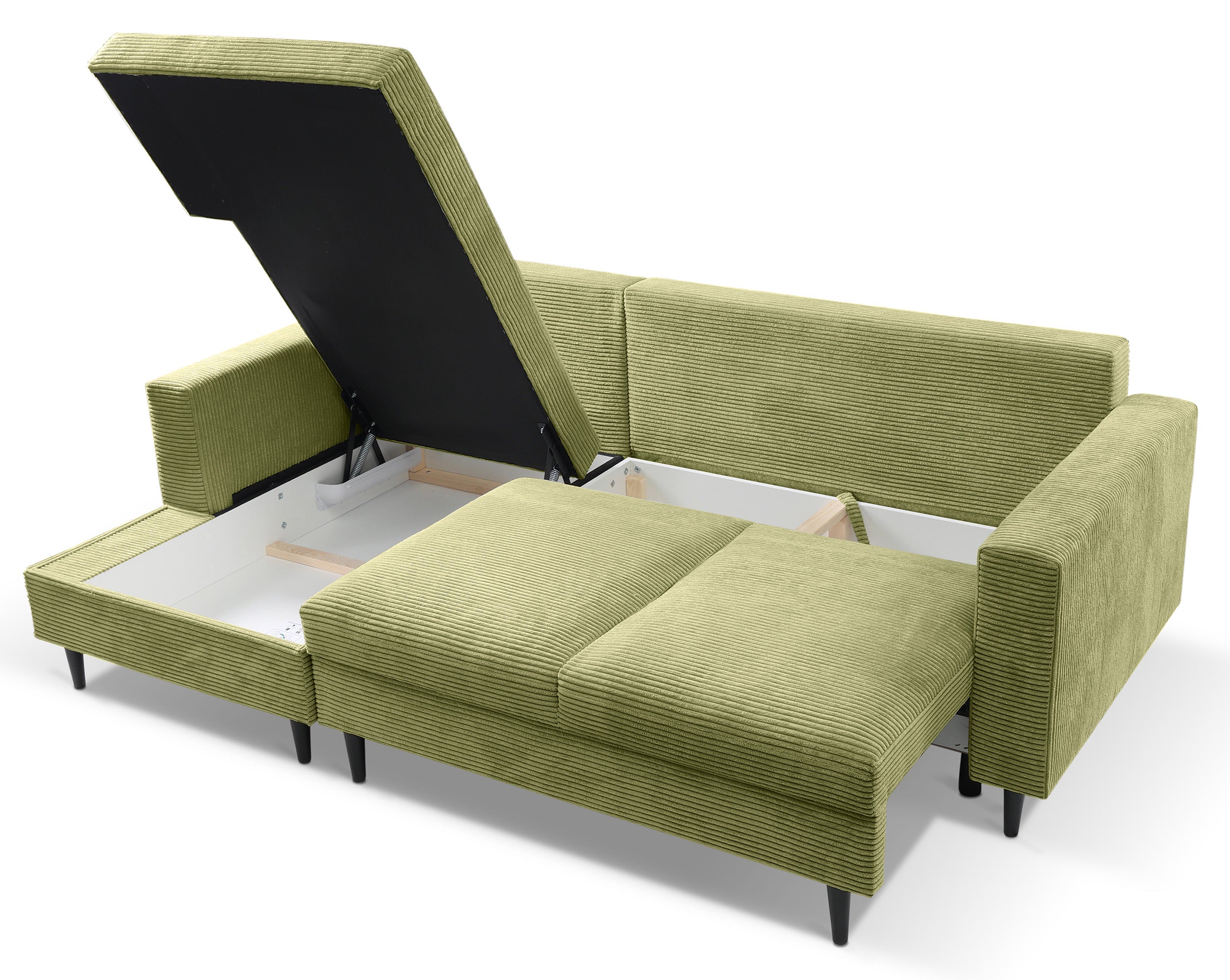 Ecksofa mit Schlaffunktion Nalika, L-förmig, mit Stauraum, pistaziengrüner Cordstoff, linksseitig