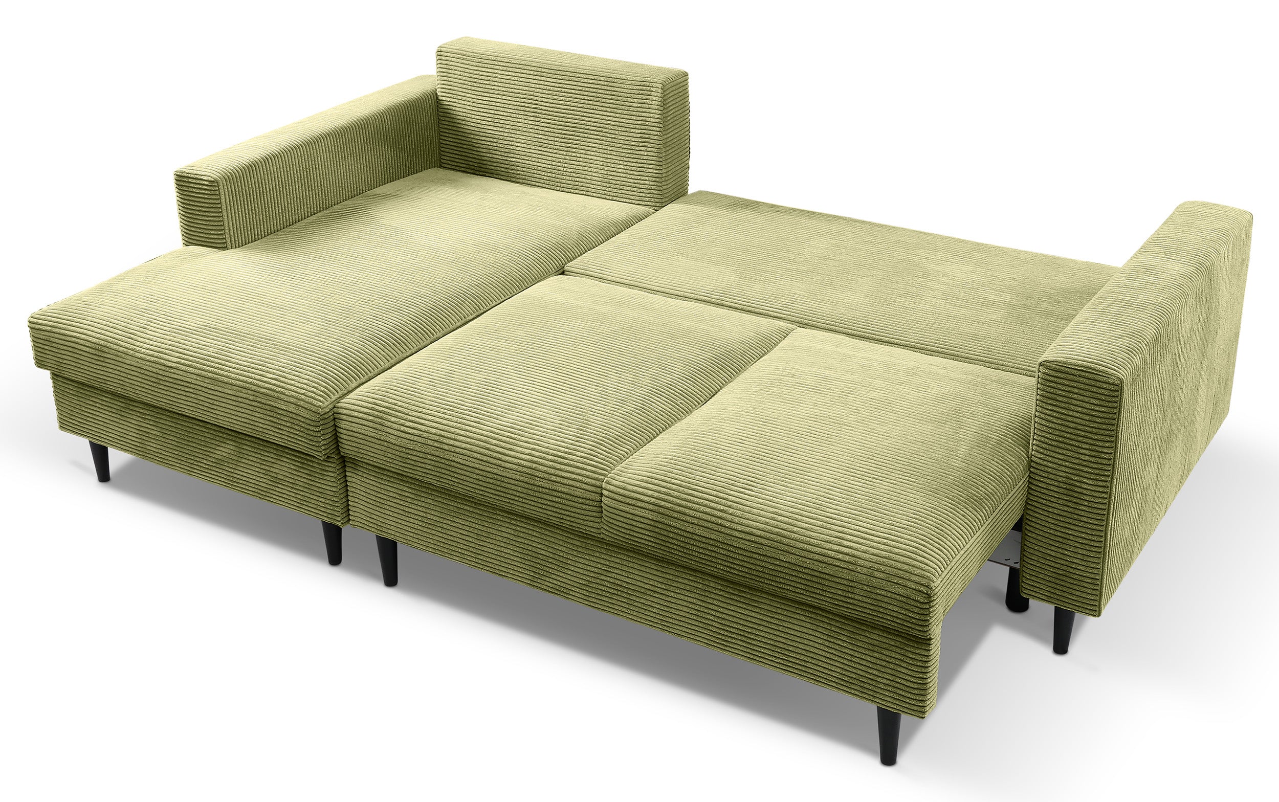 Ecksofa mit Schlaffunktion Nalika, L-förmig, mit Stauraum, pistaziengrüner Cordstoff, linksseitig