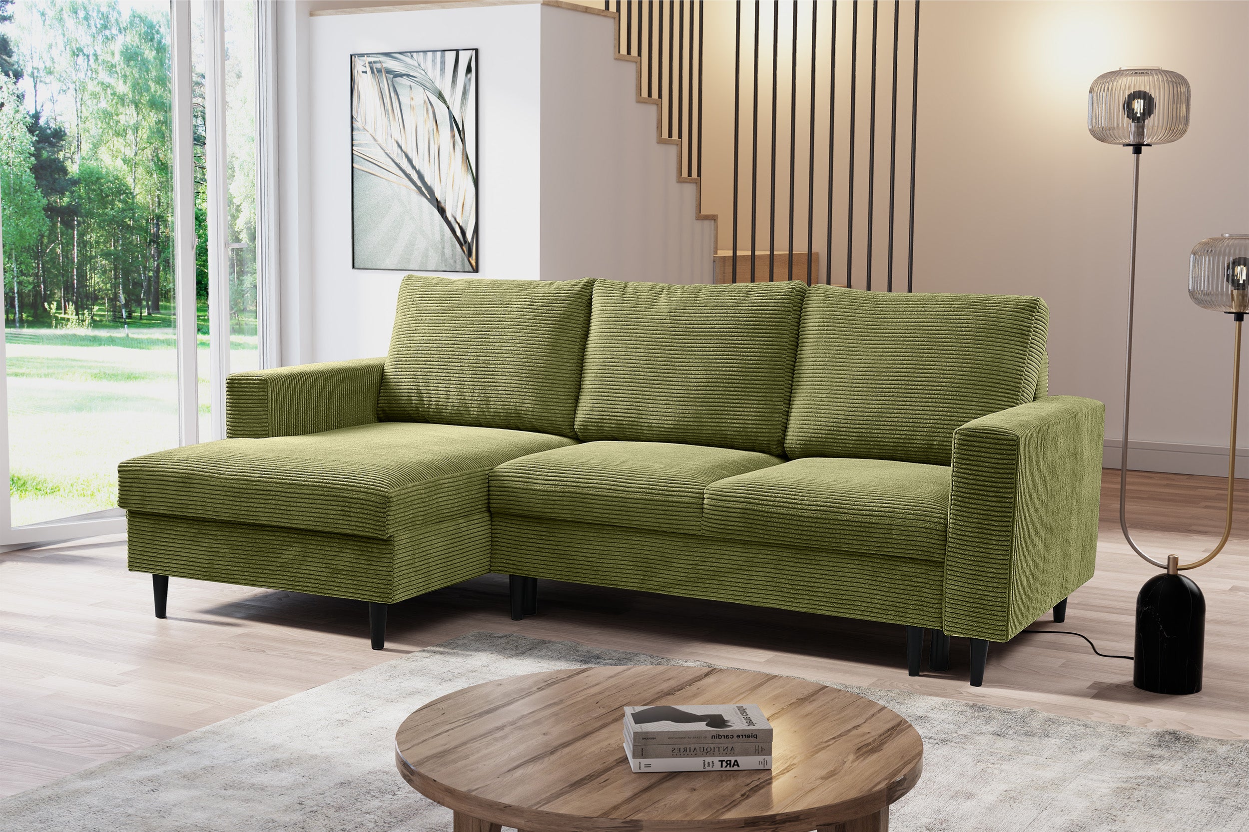 Ecksofa mit Schlaffunktion Nalika, L-förmig, mit Stauraum, pistaziengrüner Cordstoff, linksseitig