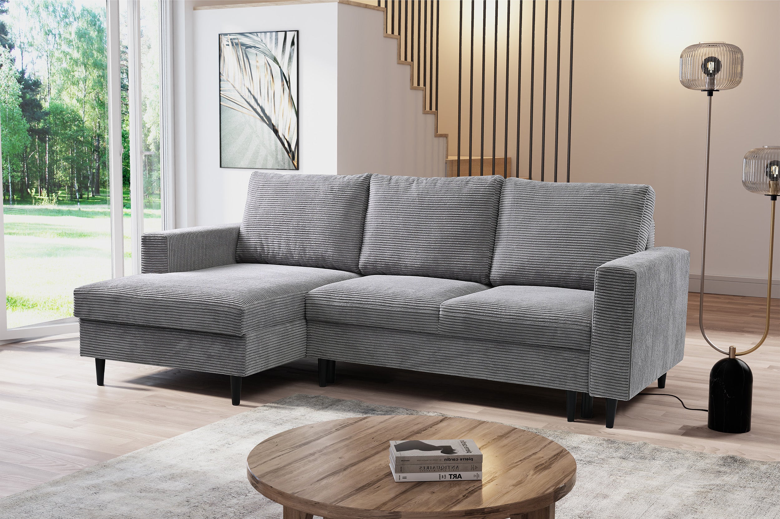 Ecksofa mit Schlaffunktion Nalika, L-förmig, mit Stauraum, hellgrauer Cordstoff, linksseitig