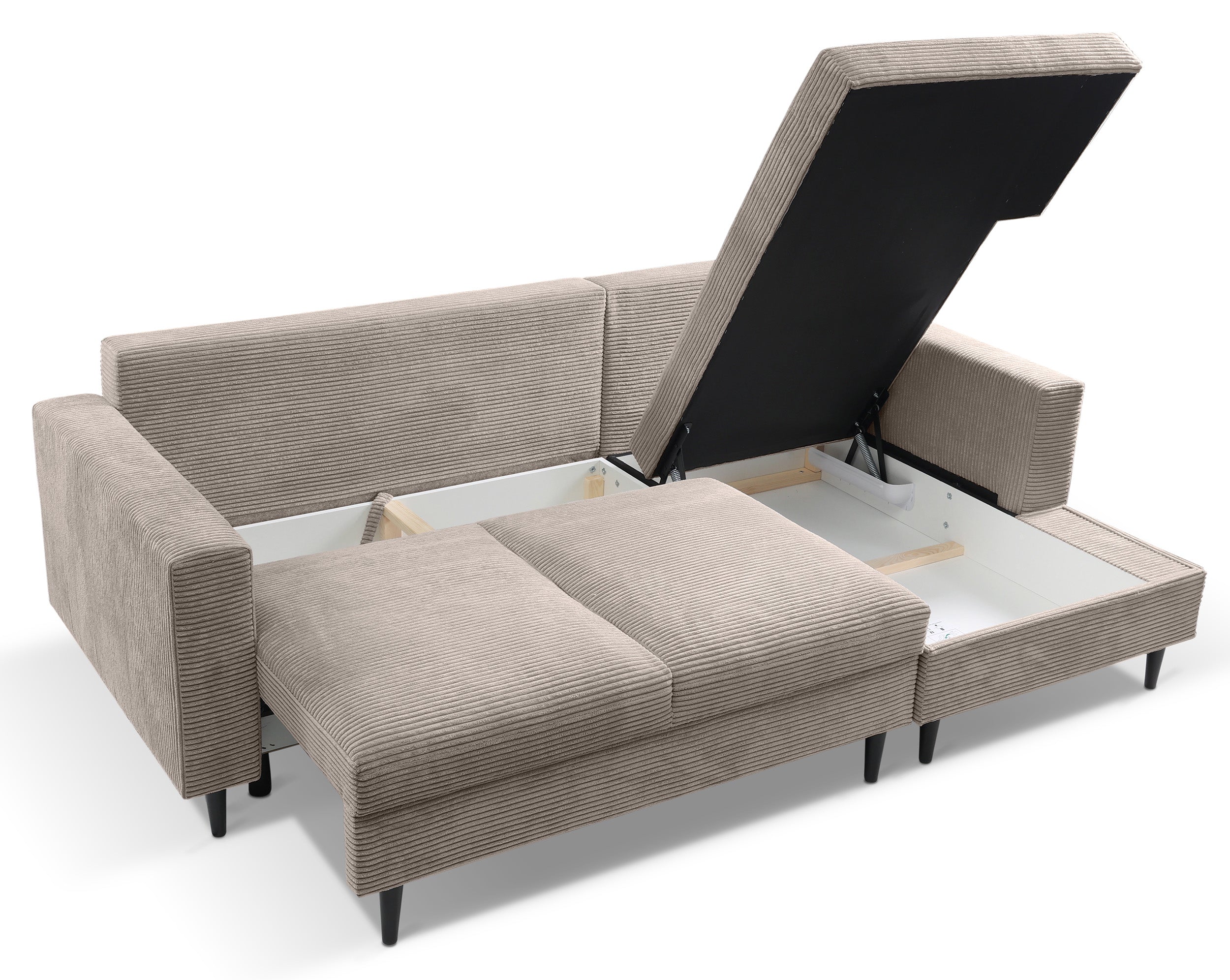 Ecksofa mit Schlaffunktion Nalika, L-förmig, mit Stauraum, beige Cord, rechtsseitig