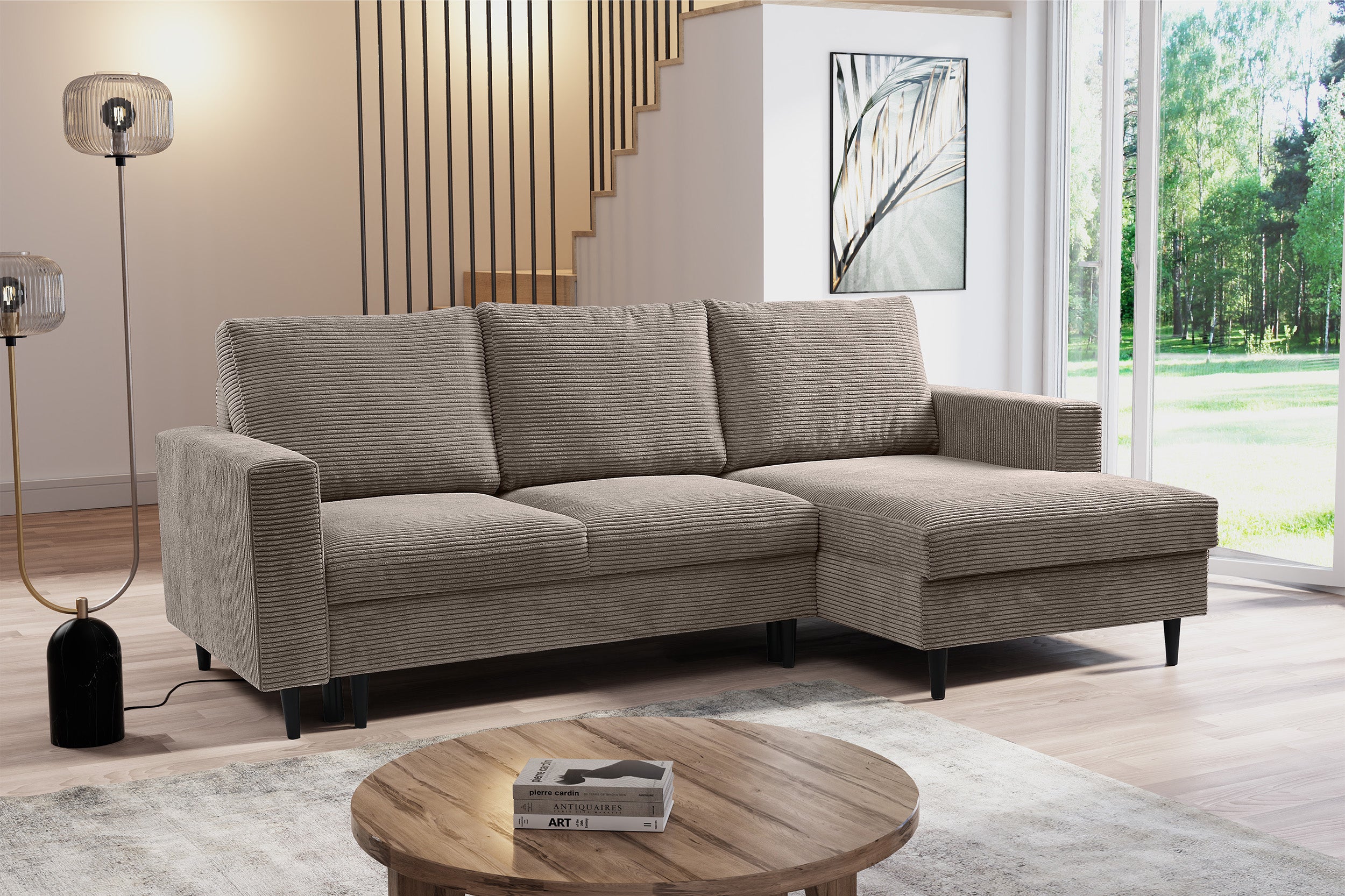 Ecksofa mit Schlaffunktion Nalika, L-förmig, mit Stauraum, beige Cord, rechtsseitig